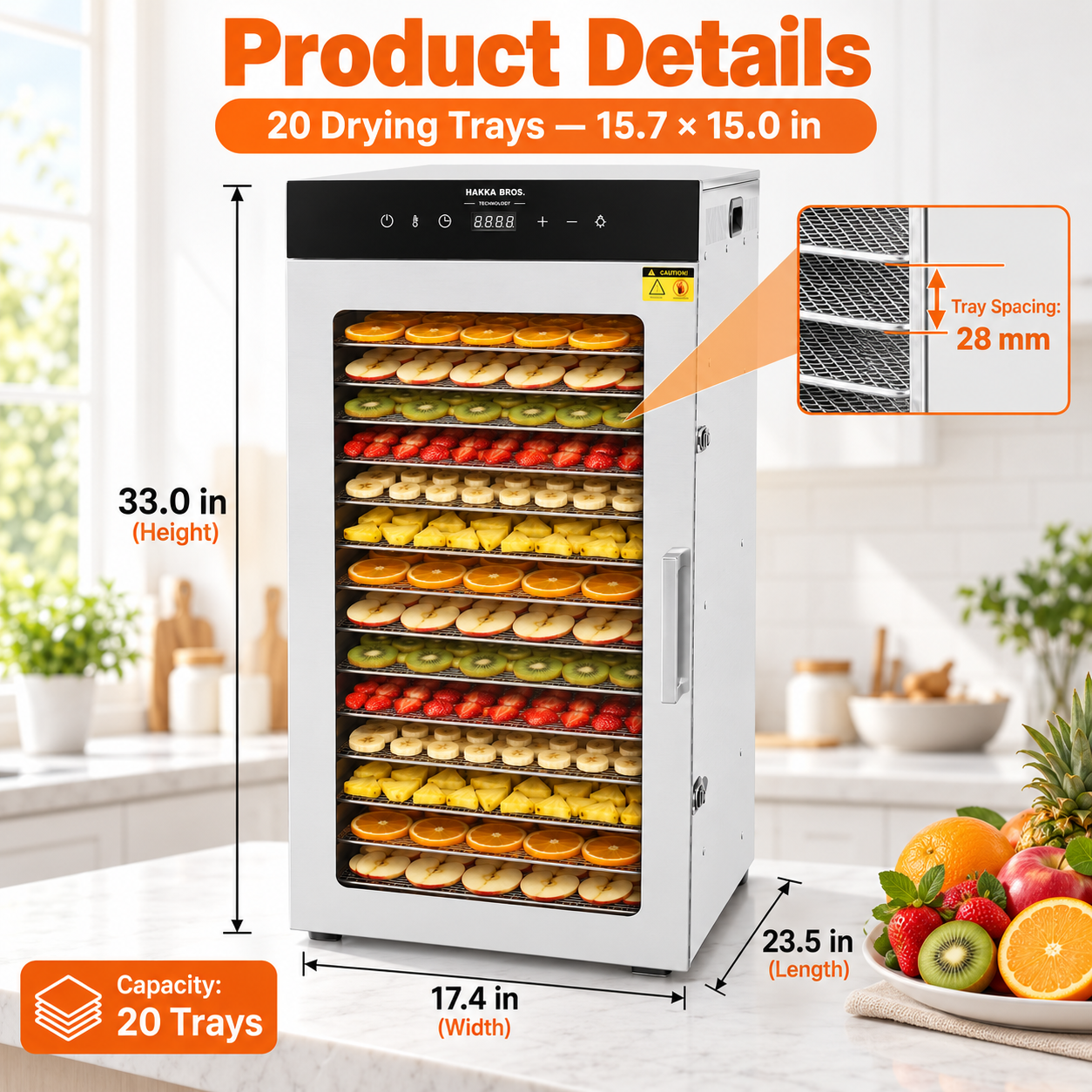 MorganGastro 20-Tray 1600W Food Dehydrator, 32.7 sq. ft. Drying Space, 86–194°F Temp, 24H Timer & Glass Door - Image 2