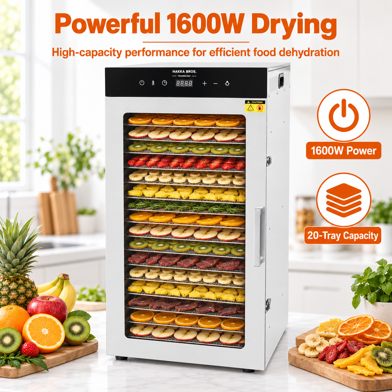 MorganGastro 20-Tray 1600W Food Dehydrator, 32.7 sq. ft. Drying Space, 86–194°F Temp, 24H Timer & Glass Door - Image 4
