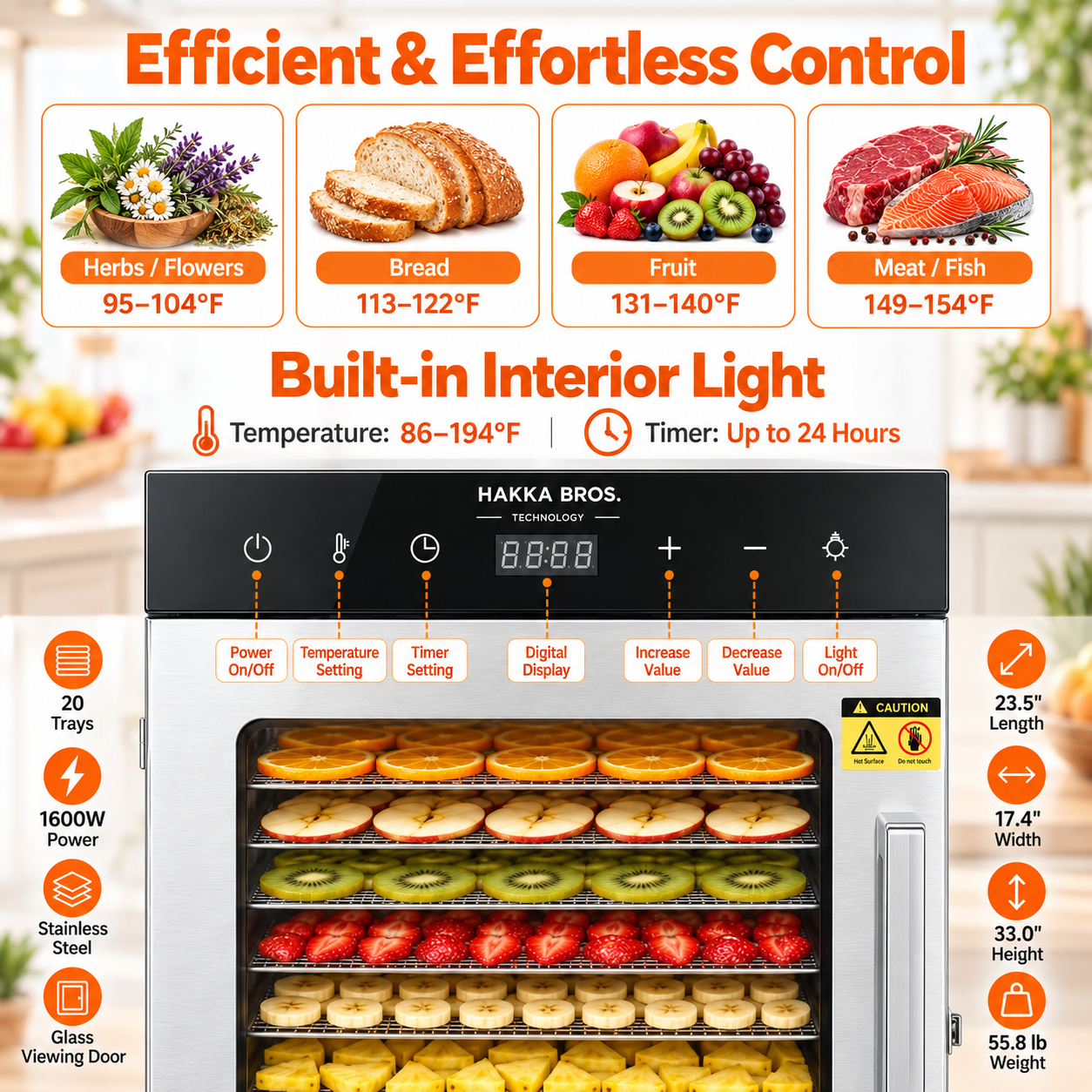 MorganGastro 20-Tray 1600W Food Dehydrator, 32.7 sq. ft. Drying Space, 86–194°F Temp, 24H Timer & Glass Door - Image 5