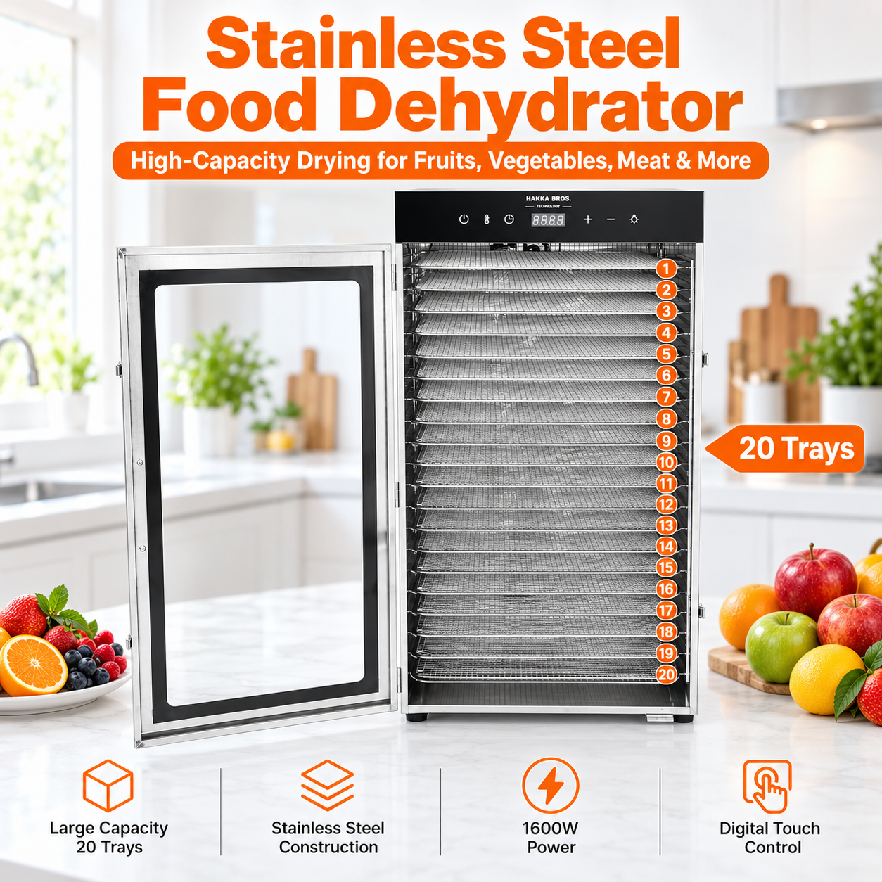 MorganGastro 20-Tray 1600W Food Dehydrator, 32.7 sq. ft. Drying Space, 86–194°F Temp, 24H Timer & Glass Door - Image 3