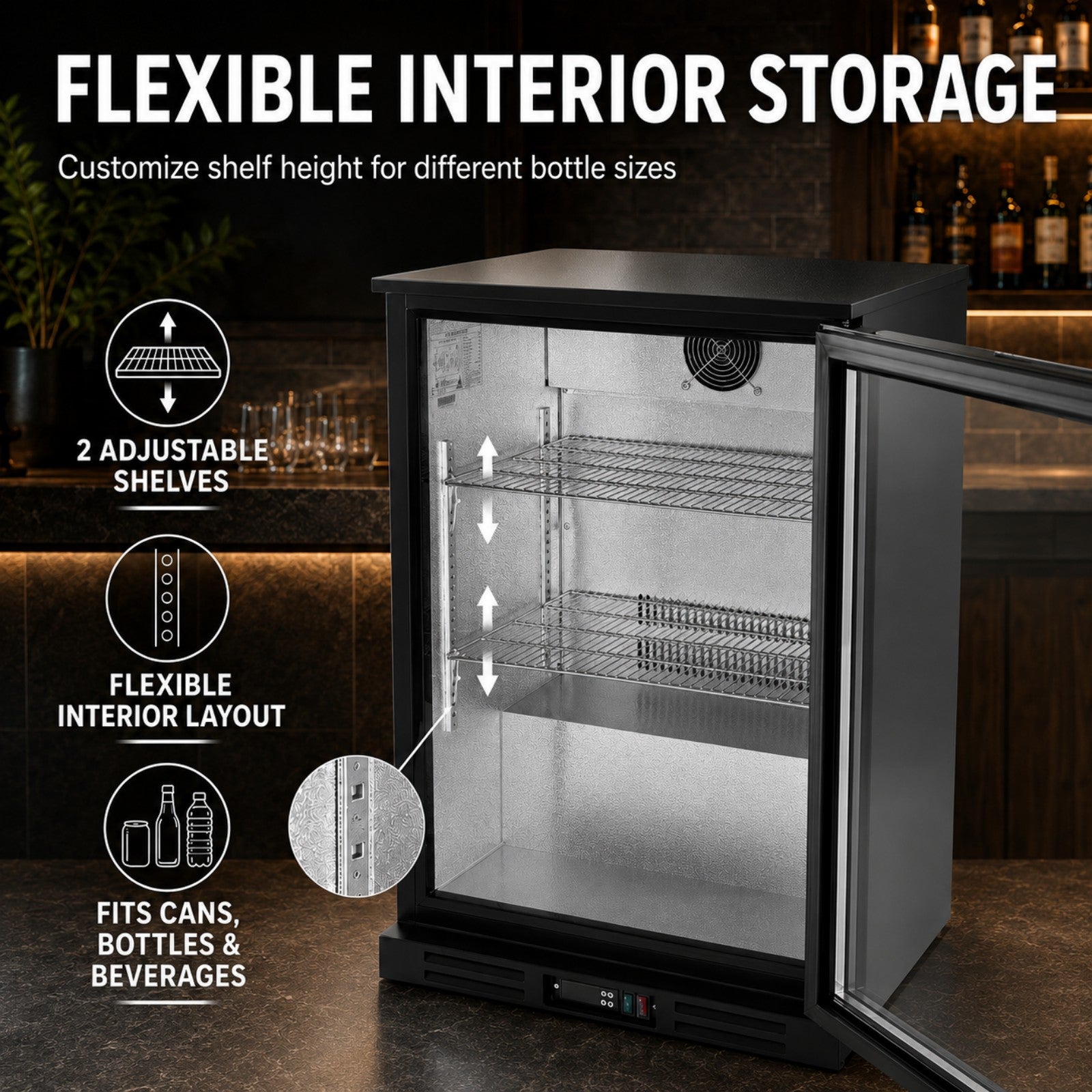 MorganGastro 138L Back Bar Cooler, 4.9 Cu. Ft. Commercial Glass Door Beverage Refrigerator with 2 Adjustable Shelves, Digital Temperature Control, LED Light & Lock - Image 7