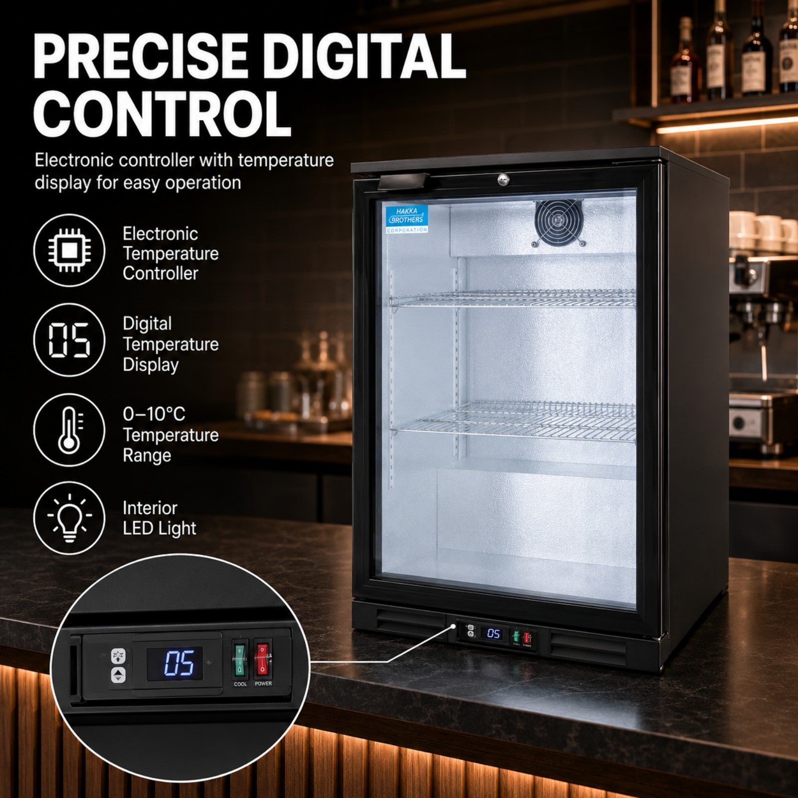 MorganGastro 138L Back Bar Cooler, 4.9 Cu. Ft. Commercial Glass Door Beverage Refrigerator with 2 Adjustable Shelves, Digital Temperature Control, LED Light & Lock - Image 4