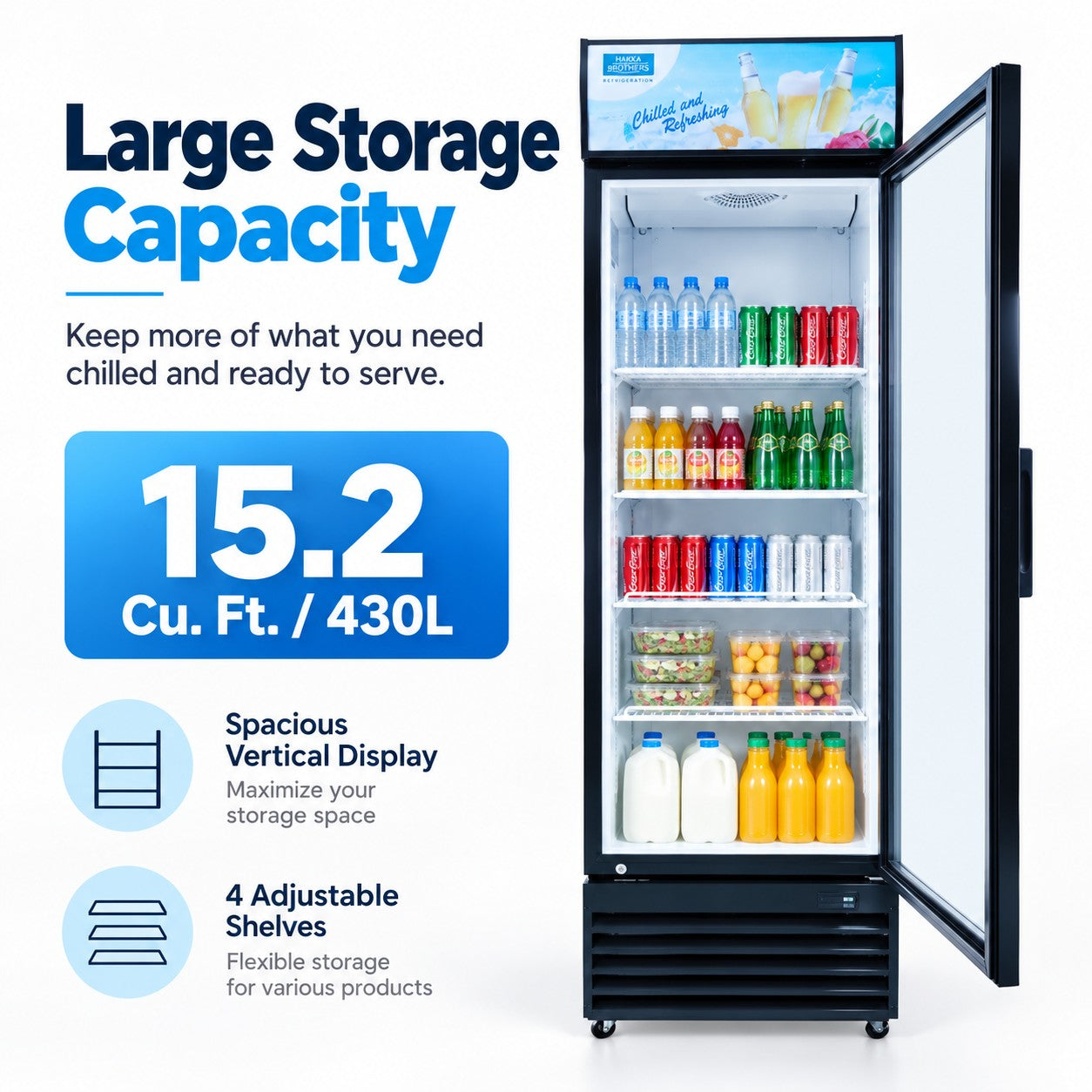 MorganGastro 15.2 Cu. Ft. / 430L Commercial Glass Door Merchandiser with Lightbox, 4 Adjustable Shelves and LED Lighting - Image 3