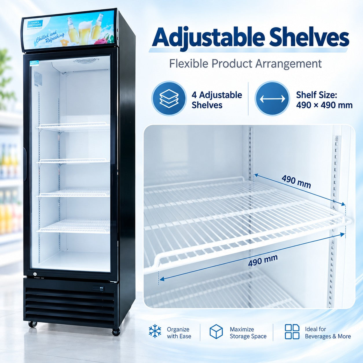 MorganGastro 15.2 Cu. Ft. / 430L Commercial Glass Door Merchandiser with Lightbox, 4 Adjustable Shelves and LED Lighting - Image 7