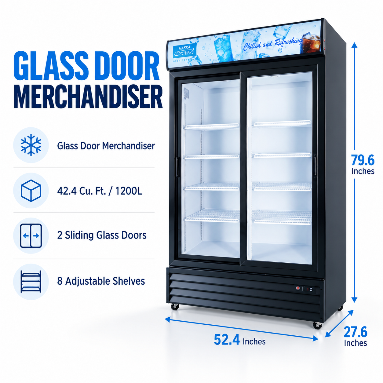MorganGastro 42.4 Cu. Ft / 1200L Commercial Double Sliding Glass Door Merchandiser with Lightbox, 8 Adjustable Shelves & LED Lighting - Image 2