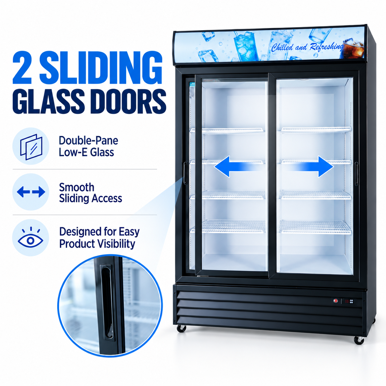 MorganGastro 42.4 Cu. Ft / 1200L Commercial Double Sliding Glass Door Merchandiser with Lightbox, 8 Adjustable Shelves & LED Lighting - Image 5
