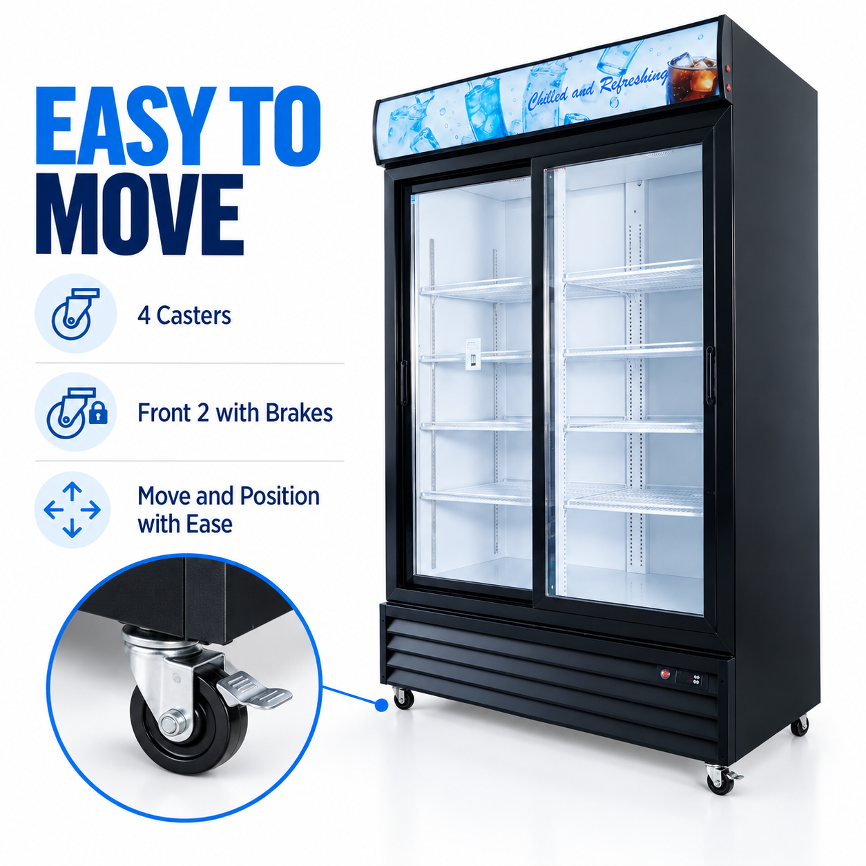 MorganGastro 42.4 Cu. Ft / 1200L Commercial Double Sliding Glass Door Merchandiser with Lightbox, 8 Adjustable Shelves & LED Lighting - Image 8