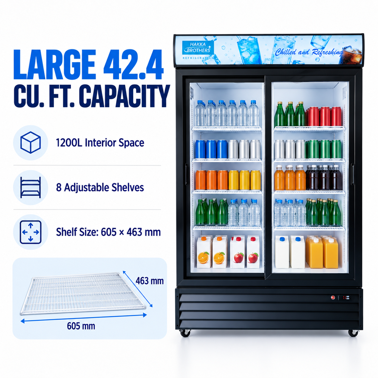 MorganGastro 42.4 Cu. Ft / 1200L Commercial Double Sliding Glass Door Merchandiser with Lightbox, 8 Adjustable Shelves & LED Lighting - Image 3