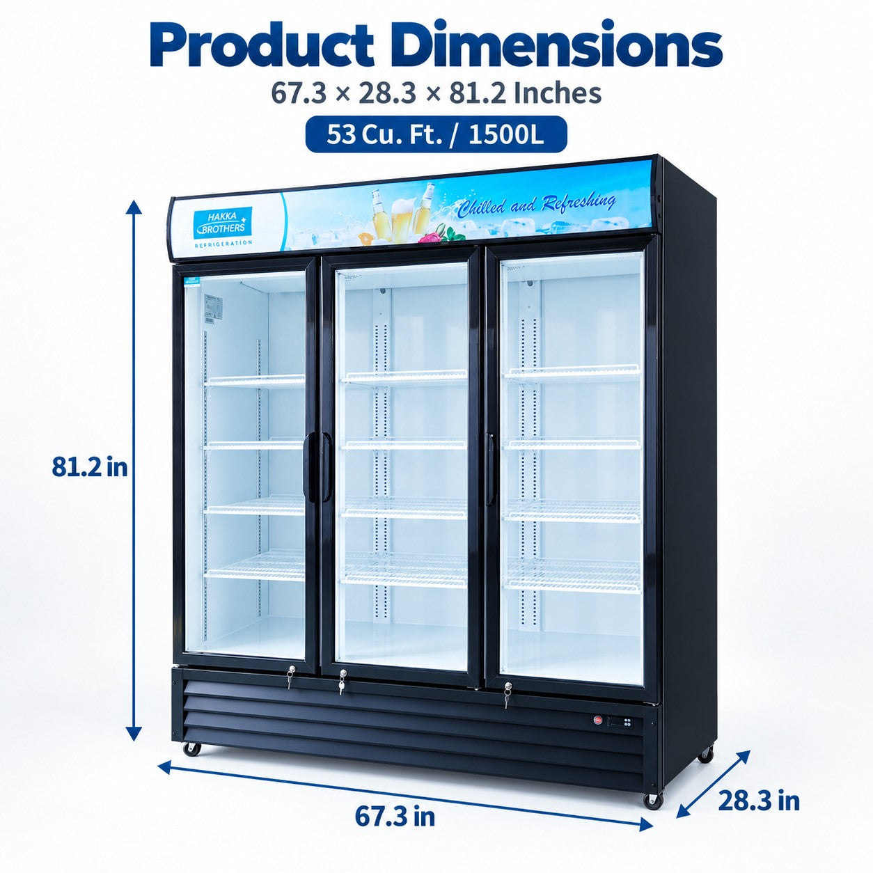 MorganGastro 53 Cu. Ft / 1500L Commercial Glass Door Merchandiser with 3 Self-Closing Doors, Lightbox, 15 Adjustable Shelves & LED Lighting - Image 2