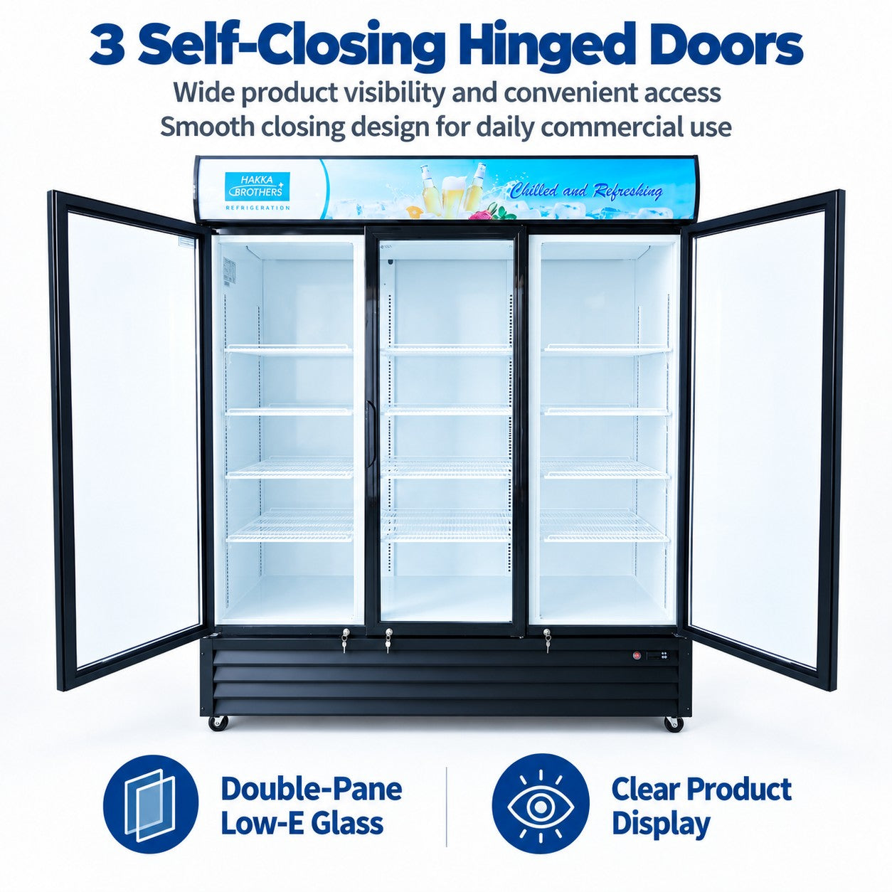 MorganGastro 53 Cu. Ft / 1500L Commercial Glass Door Merchandiser with 3 Self-Closing Doors, Lightbox, 15 Adjustable Shelves & LED Lighting - Image 5