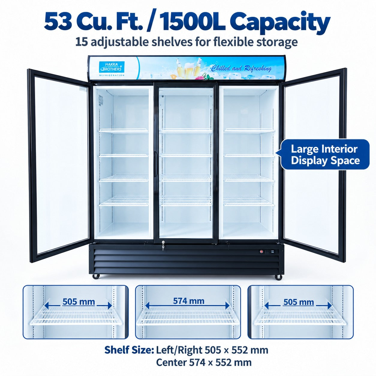 MorganGastro 53 Cu. Ft / 1500L Commercial Glass Door Merchandiser with 3 Self-Closing Doors, Lightbox, 15 Adjustable Shelves & LED Lighting - Image 3