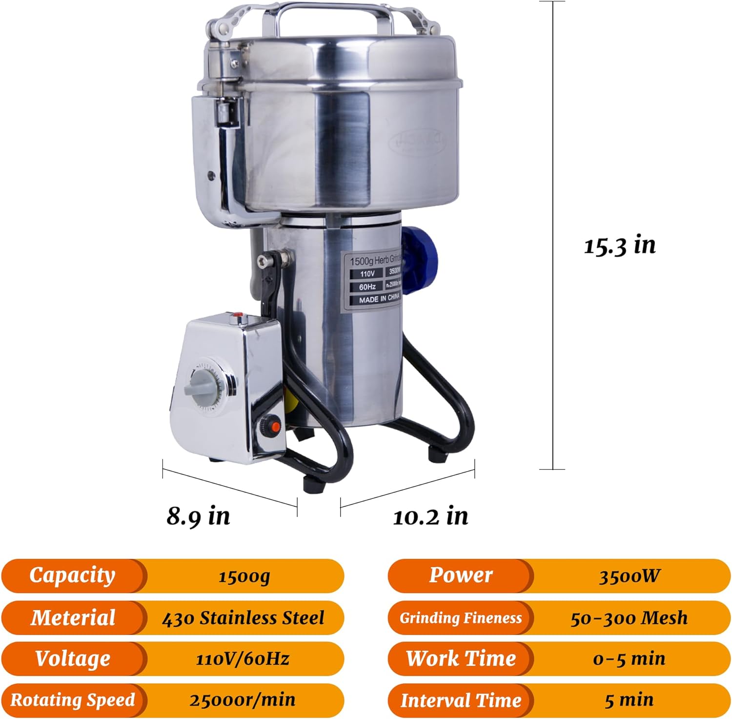 MorganGastro Grain Mill 1500g High Speed Food Electric Stainless Steel Powder MillSeeds Flour Nut Pill Wheat Corn Herbs Spices Powder Machine,3500W - Image 2