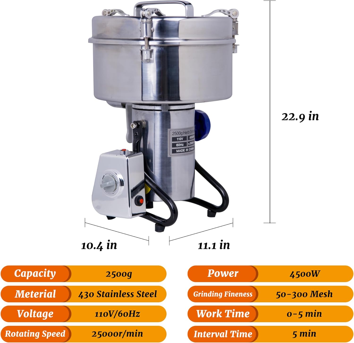 MorganGastro Grain Mill 2500g High Speed Food Electric Stainless Steel Powder MillSeeds Flour Nut Pill Wheat Corn Herbs Spices Powder Machine,4500W - Image 2