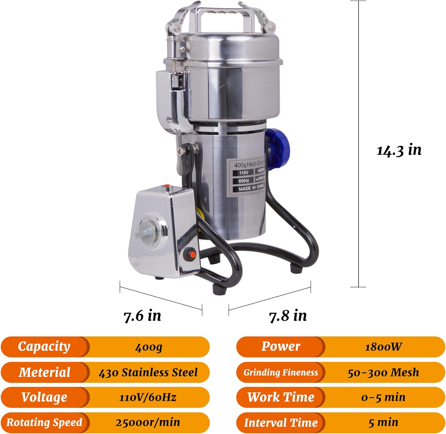 MorganGastro Grain Mill 400g High Speed Food Electric Stainless Steel Powder MillSeeds Flour Nut Pill Wheat Corn Herbs Spices Powder Machine,1800W - Image 2