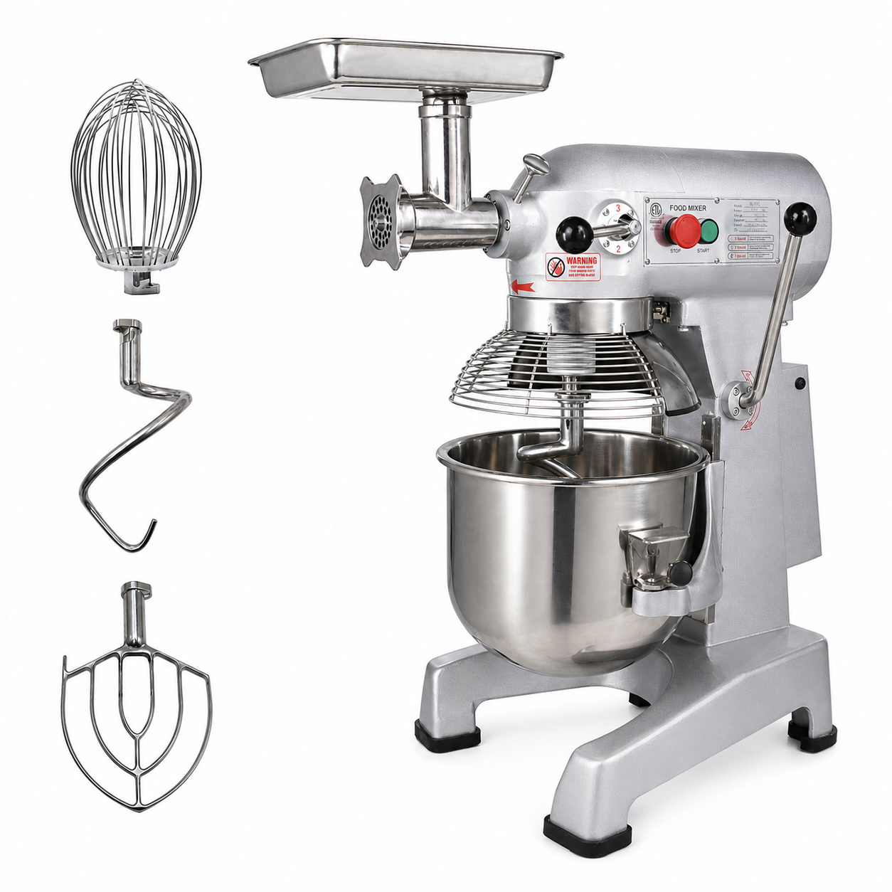 MorganGastro Commercial 20Qt Planetary Stand Mixer with Meat Grinder Attachment, 1100W Electric Food Mixer, 3 Speeds 125/225/404 RPM, Includes Dough Hook, Flat Beater & Whisk,ETL Certification