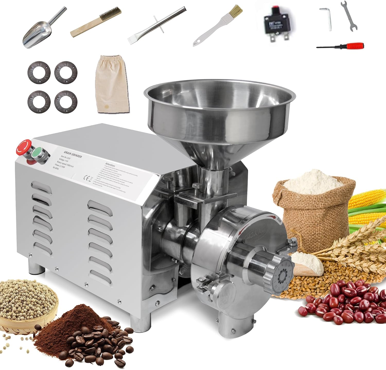 MorganGastro Electric Grain Grinder 2200W Mill Grinding Pulverizer Machine 30-50kg/h