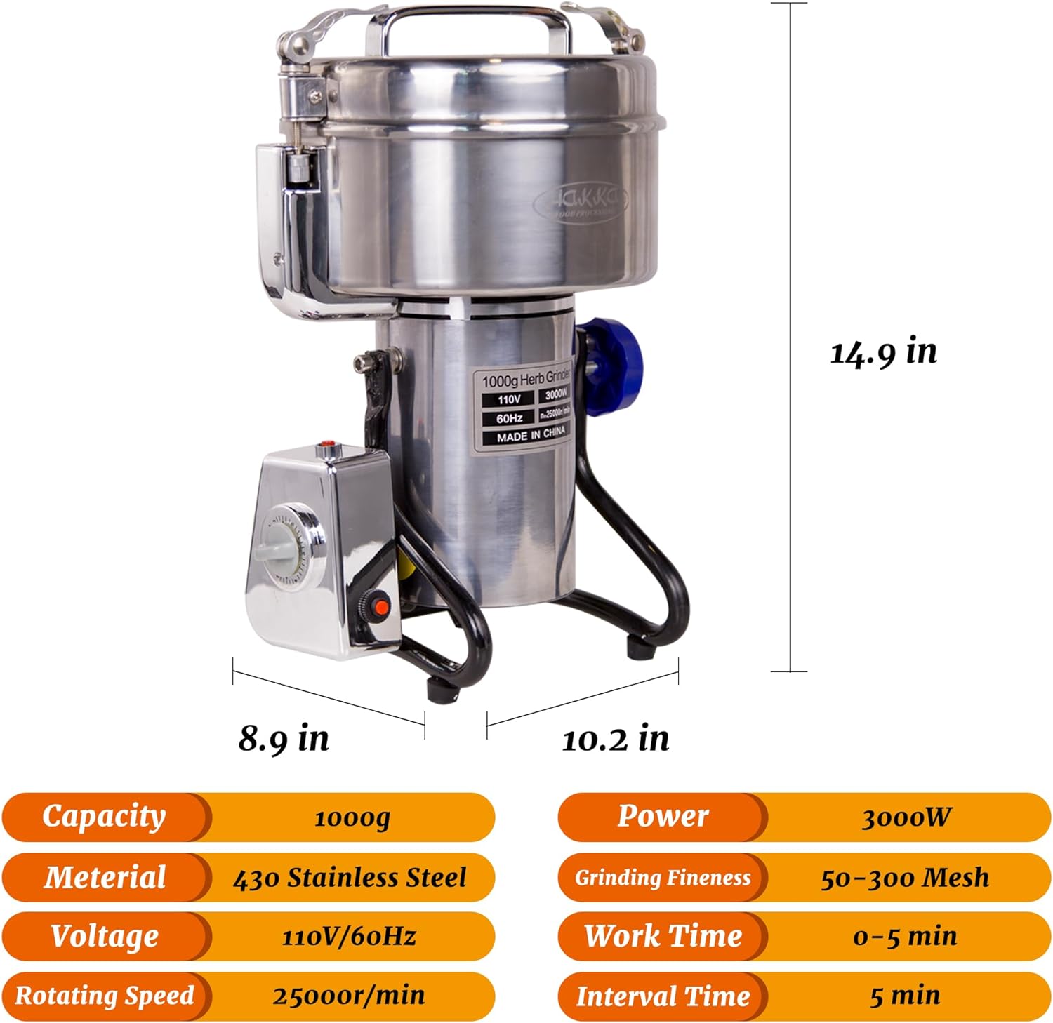 MorganGastro Grain Mill 1000g High Speed Food Electric Stainless Steel Powder MillSeeds Flour Nut Pill Wheat Corn Herbs Spices Powder Machine,3000W - Image 2