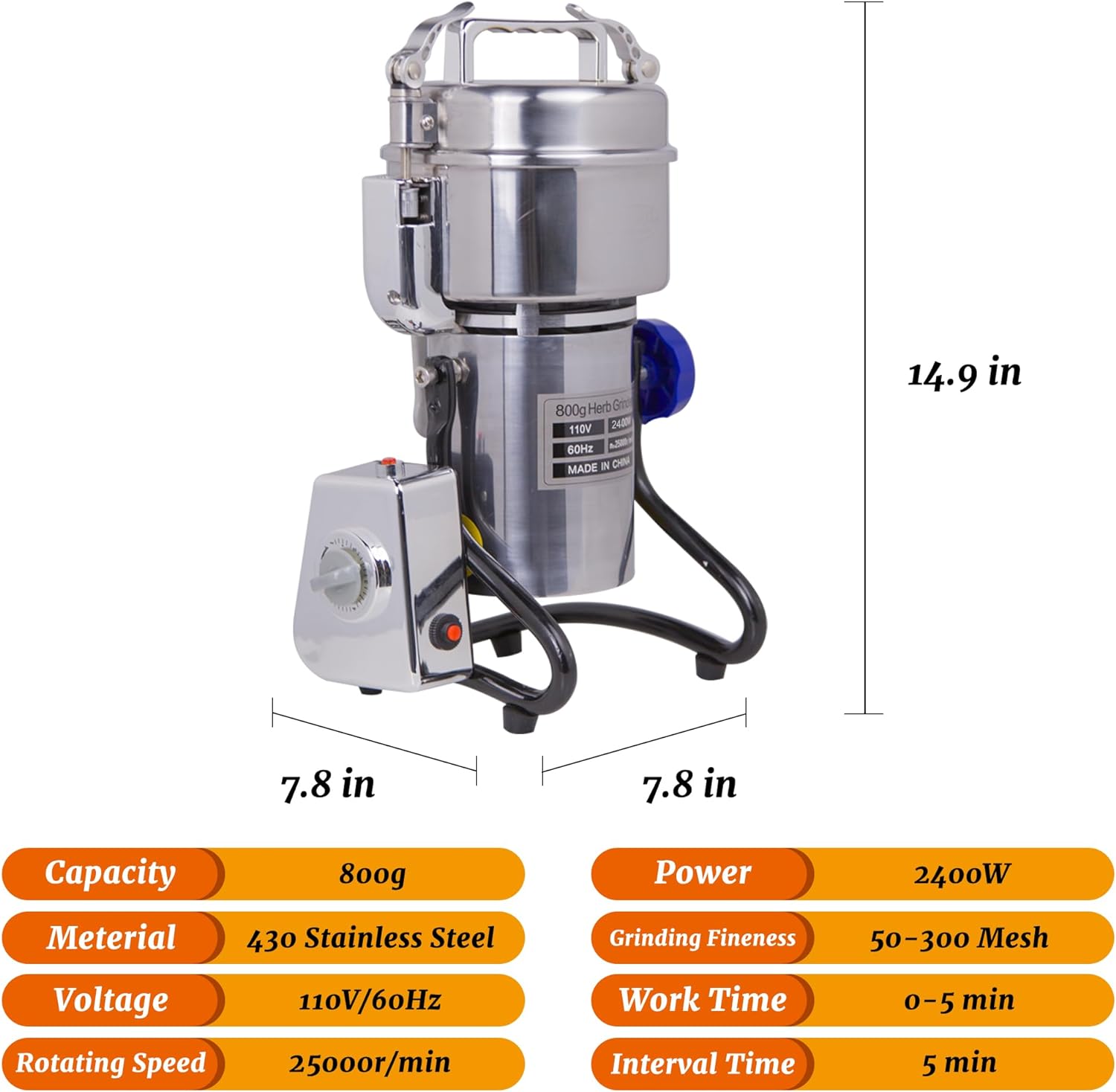 MorganGastro Grain Mill 800g High Speed Food Electric Stainless Steel Powder MillSeeds Flour Nut Pill Wheat Corn Herbs Spices Powder Machine，2400W - Image 2
