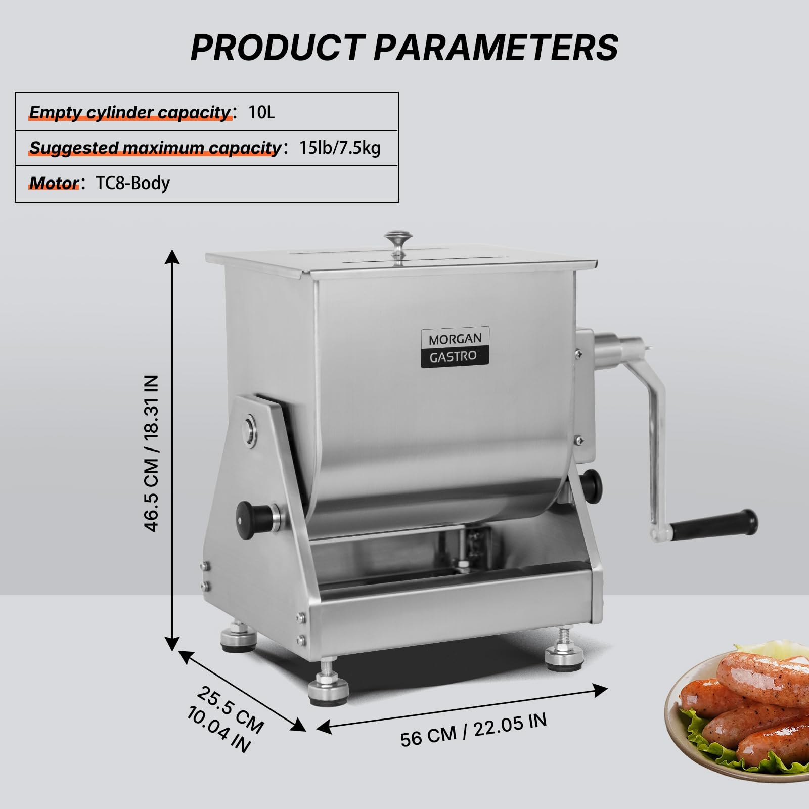 Morgangastro 7.5L/15 lb Commercial Manual Meat Mixer with Gearbox, Tilting Tank Stainless Steel Sausage & Burger Mixer - Image 2
