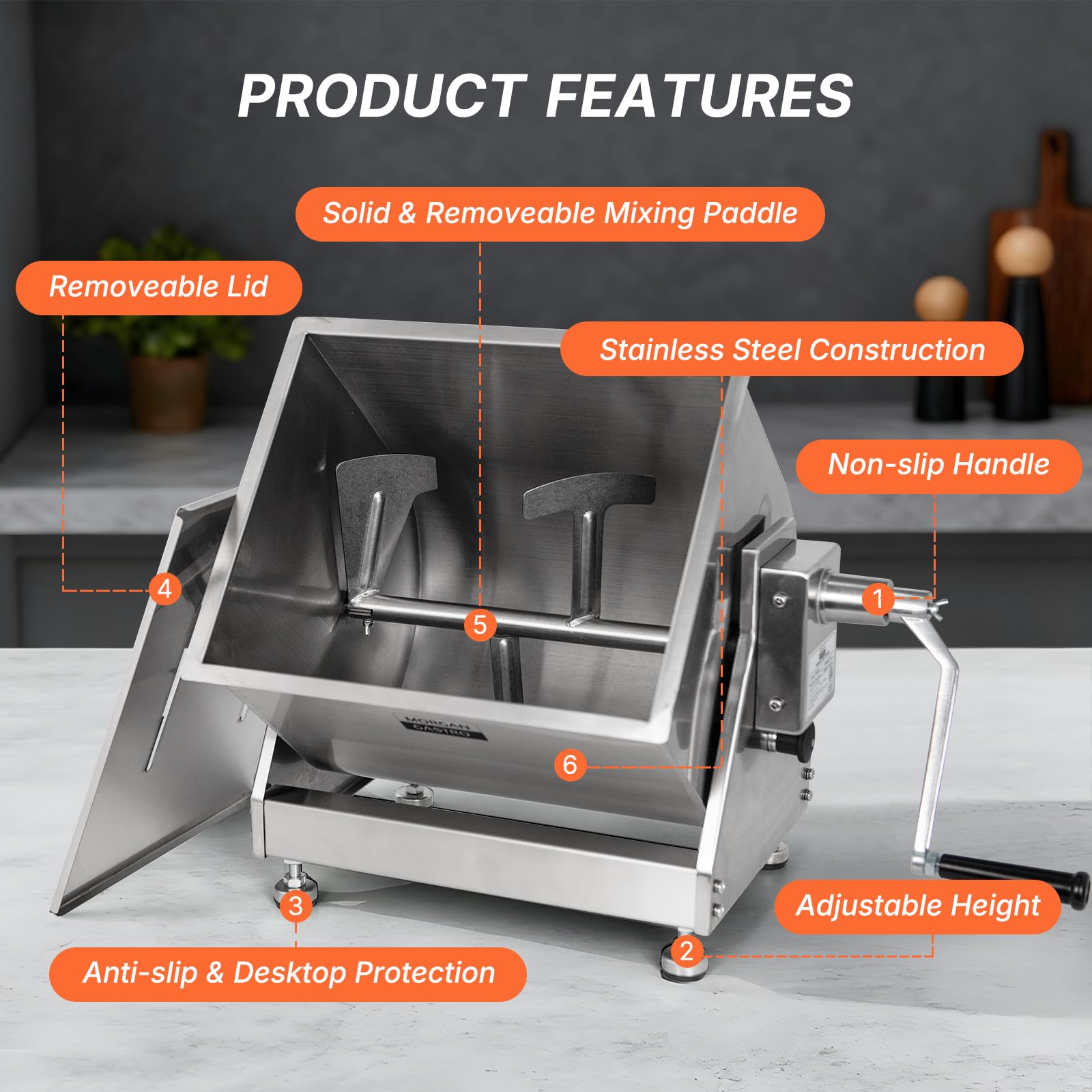 Morgangastro 7.5L/15 lb Commercial Manual Meat Mixer with Gearbox, Tilting Tank Stainless Steel Sausage & Burger Mixer - Image 3