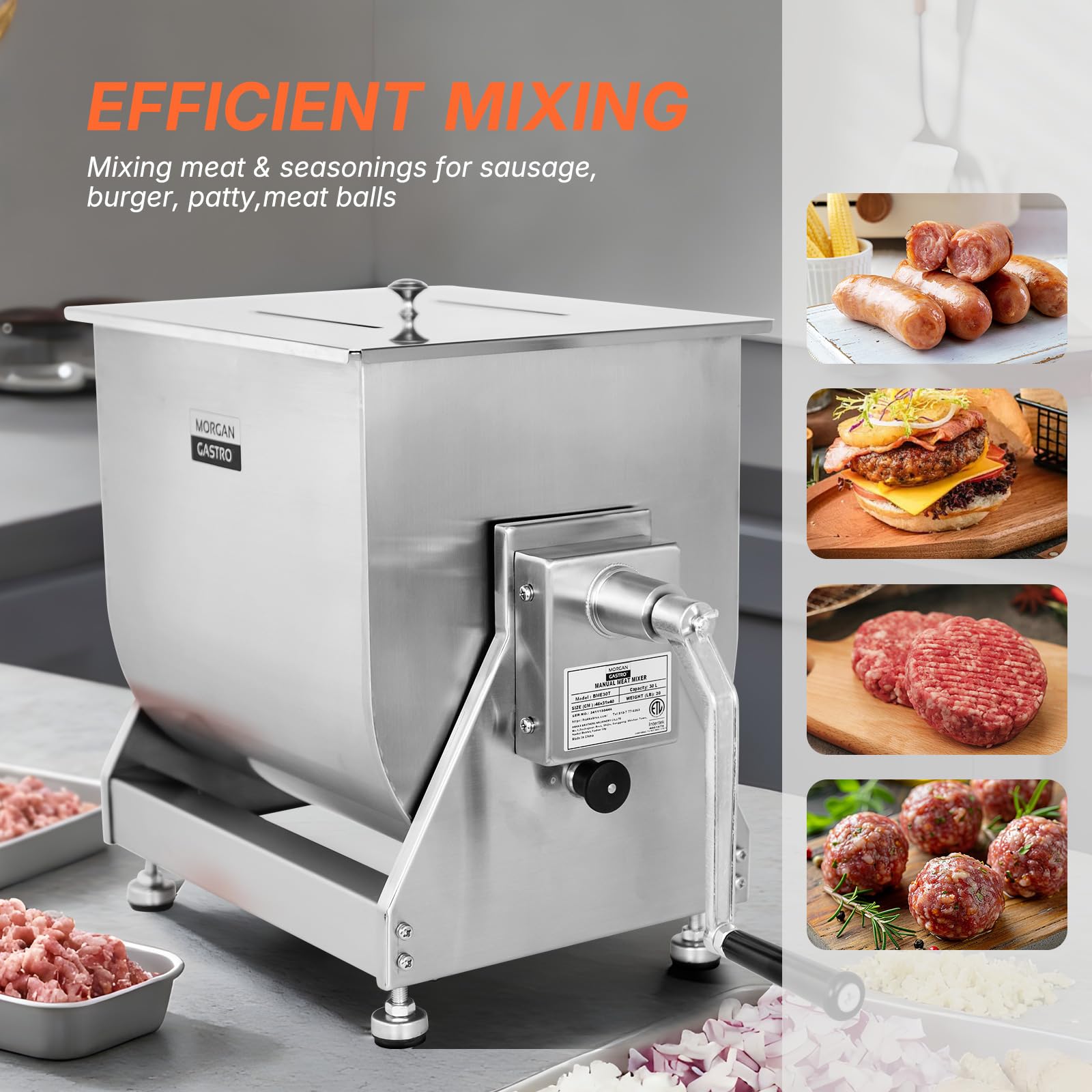 Morgangastro 7.5L/15 lb Commercial Manual Meat Mixer with Gearbox, Tilting Tank Stainless Steel Sausage & Burger Mixer - Image 7