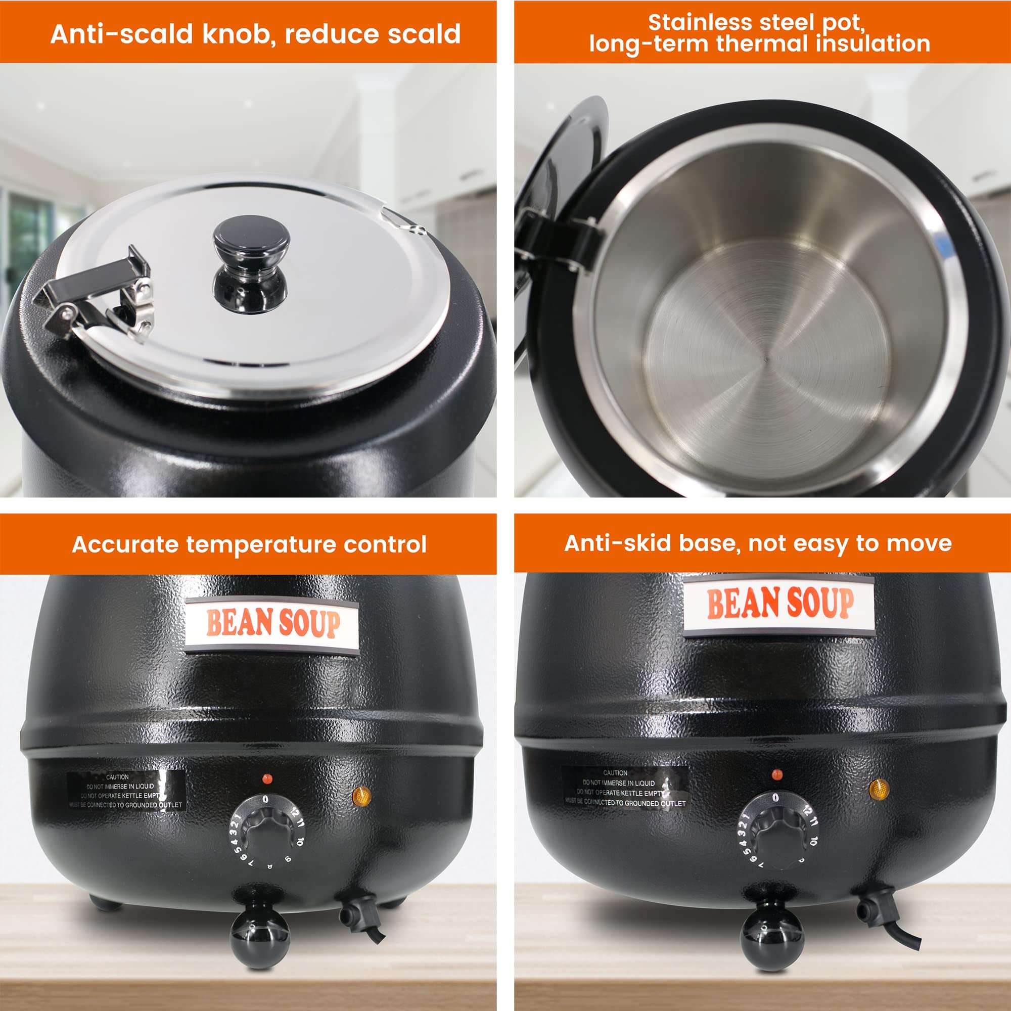 EasyRose 11 Qt Commercial Soup Warmer, Electric Soup Kettle with Hinged Lid and Stainless Steel Insert Pot - Image 6