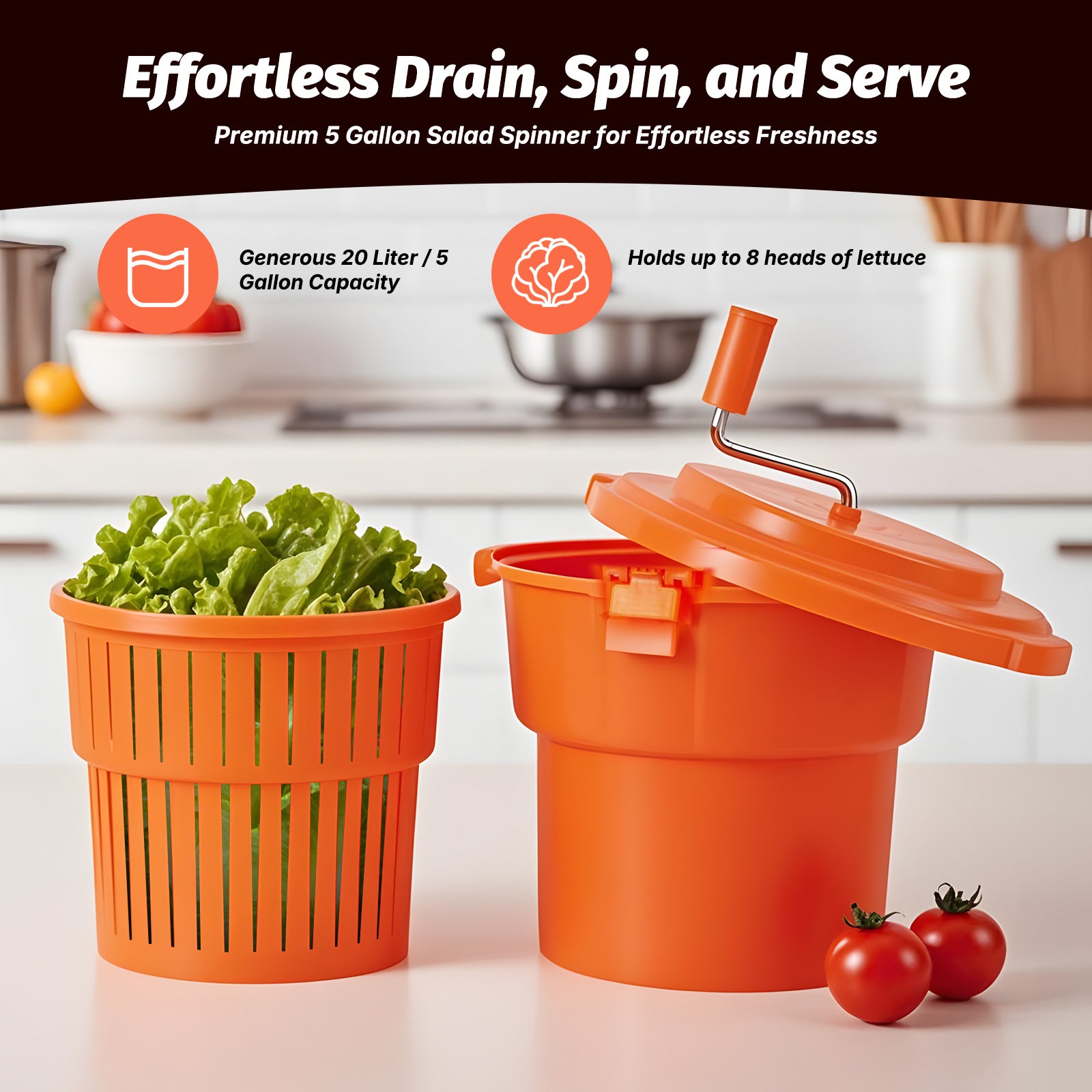 Clivia 5 Gal/20 Qt Commercial Salad Spinner, Large Manual Lettuce Dryer & Vegetable Spinner Dryer with Brake and Drain - Image 4