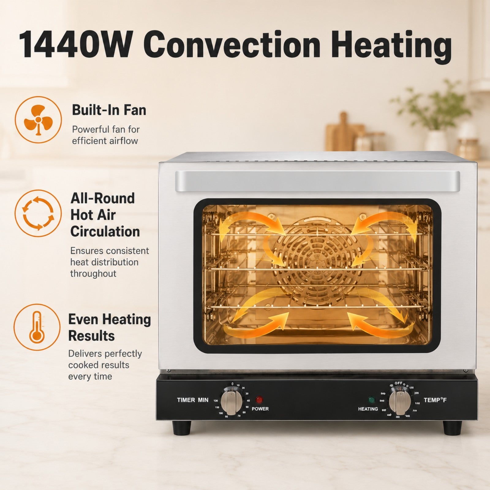 EasyRose 21L Commercial Countertop Convection Oven, 1440W, 3 Racks, Stainless Steel, 150–500°F - Image 6