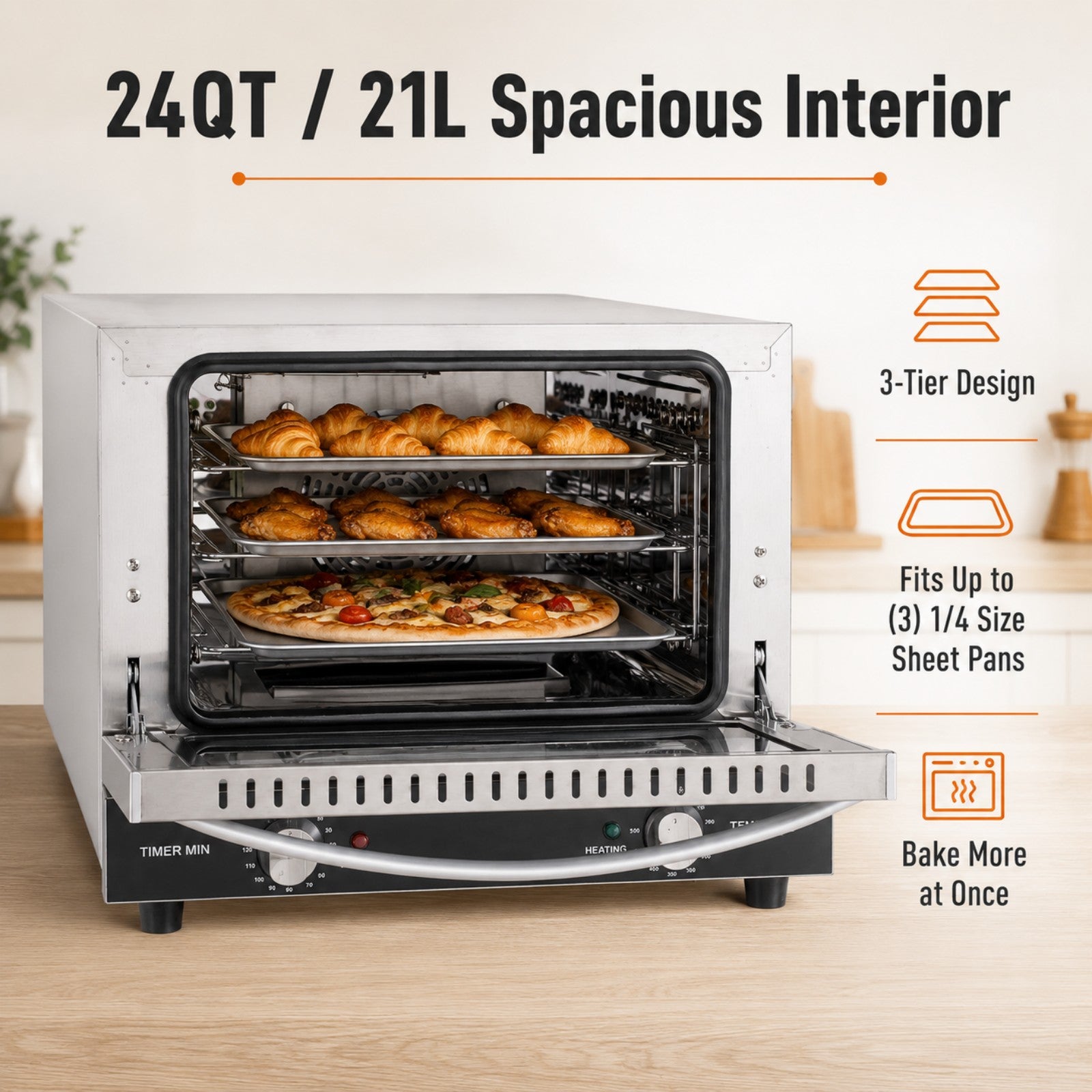EasyRose 21L Commercial Countertop Convection Oven, 1440W, 3 Racks, Stainless Steel, 150–500°F - Image 5