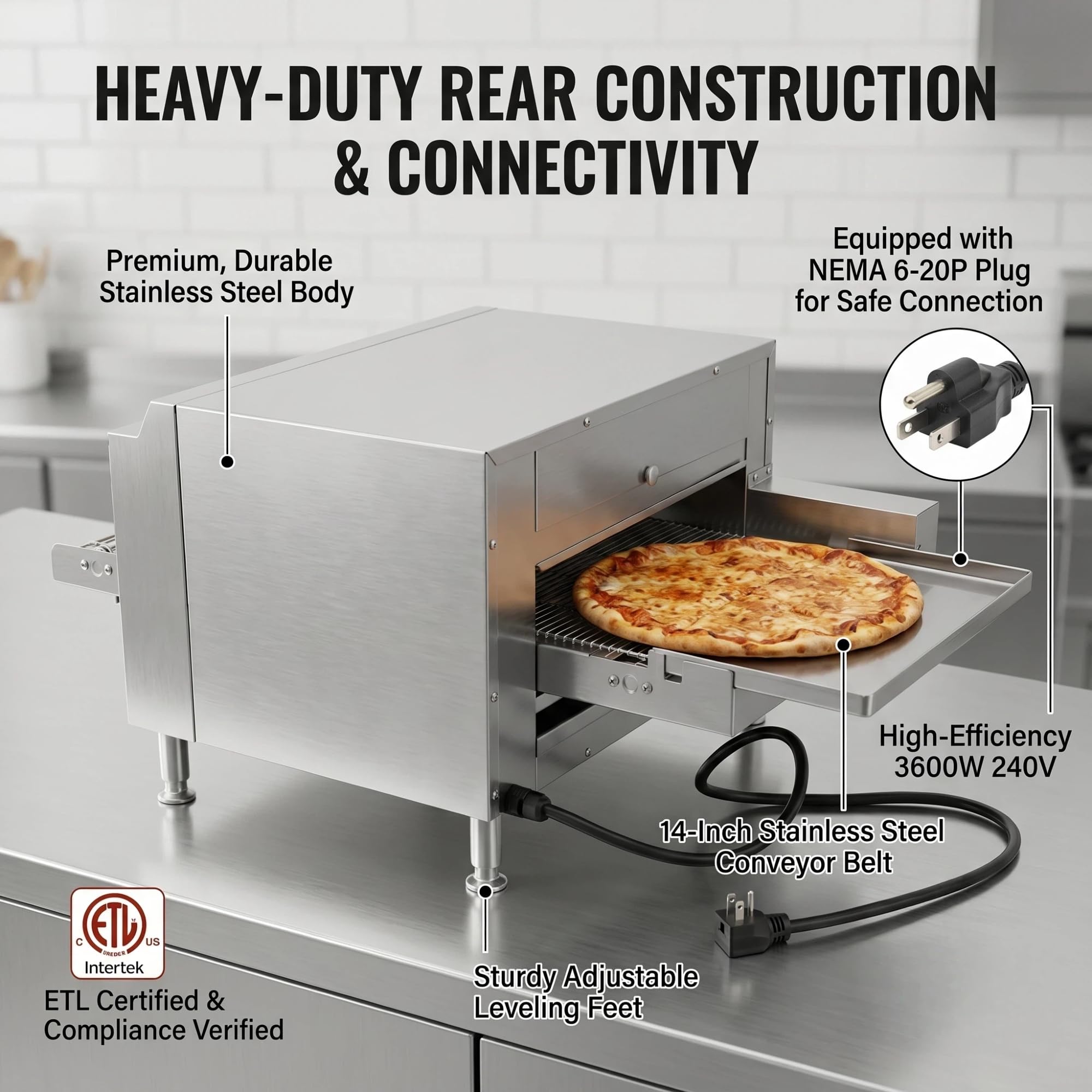 EasyRose 14" Commercial Conveyor Pizza Oven, 240V 3600W Stainless Steel Countertop Toaster Oven for Pizza & Sandwiches - Image 5