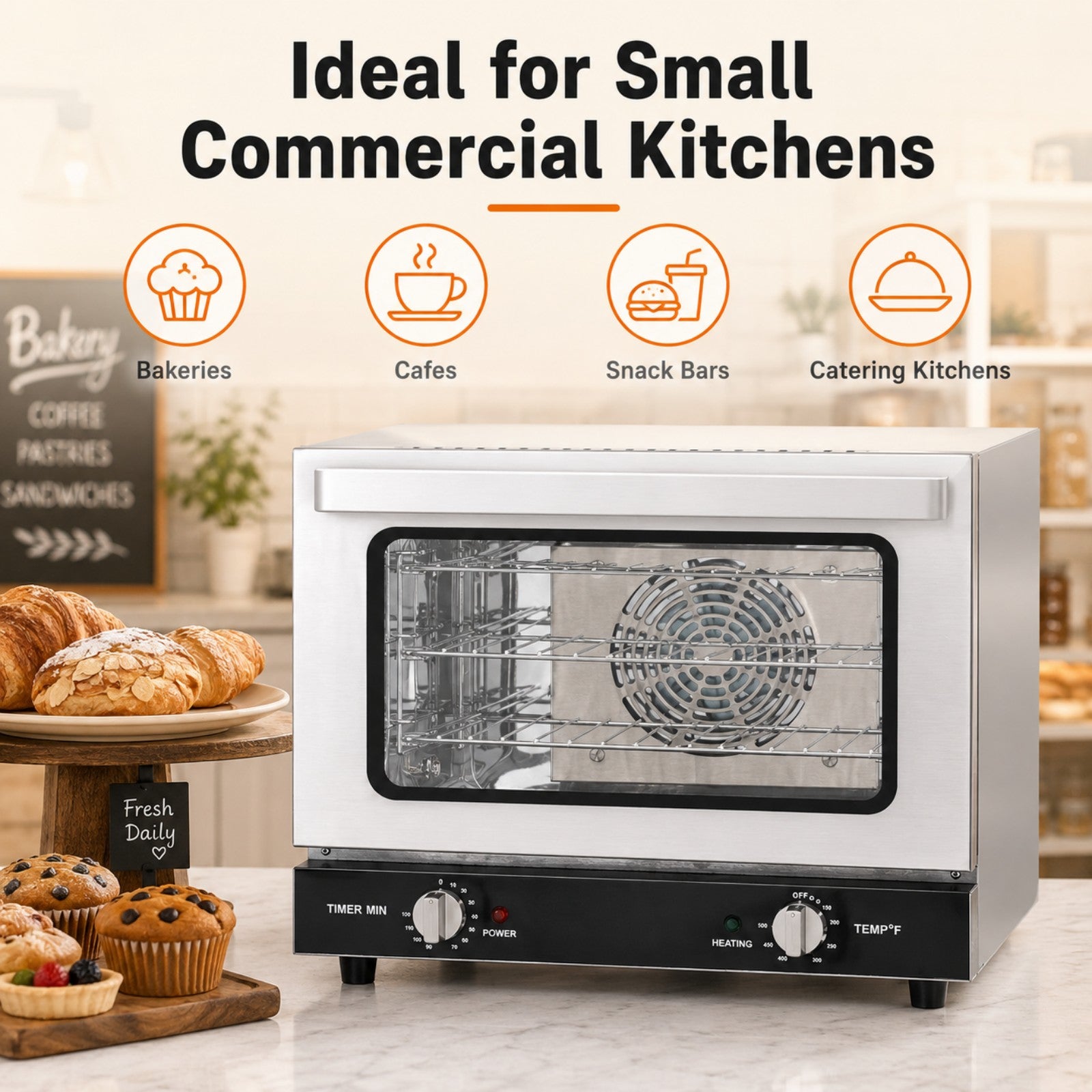 EasyRose 21L Commercial Countertop Convection Oven, 1440W, 3 Racks, Stainless Steel, 150–500°F - Image 7