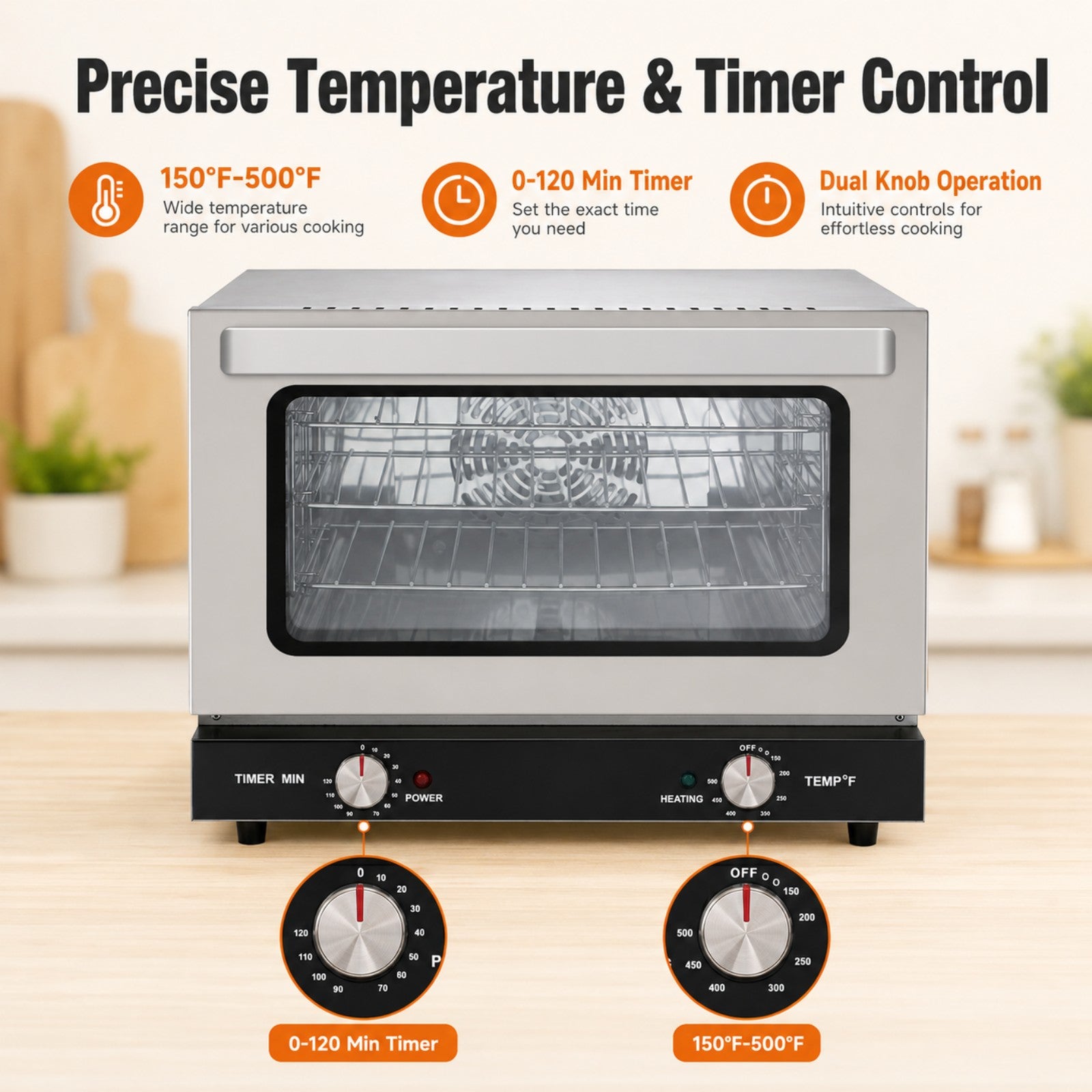 EasyRose 21L Commercial Countertop Convection Oven, 1440W, 3 Racks, Stainless Steel, 150–500°F - Image 3