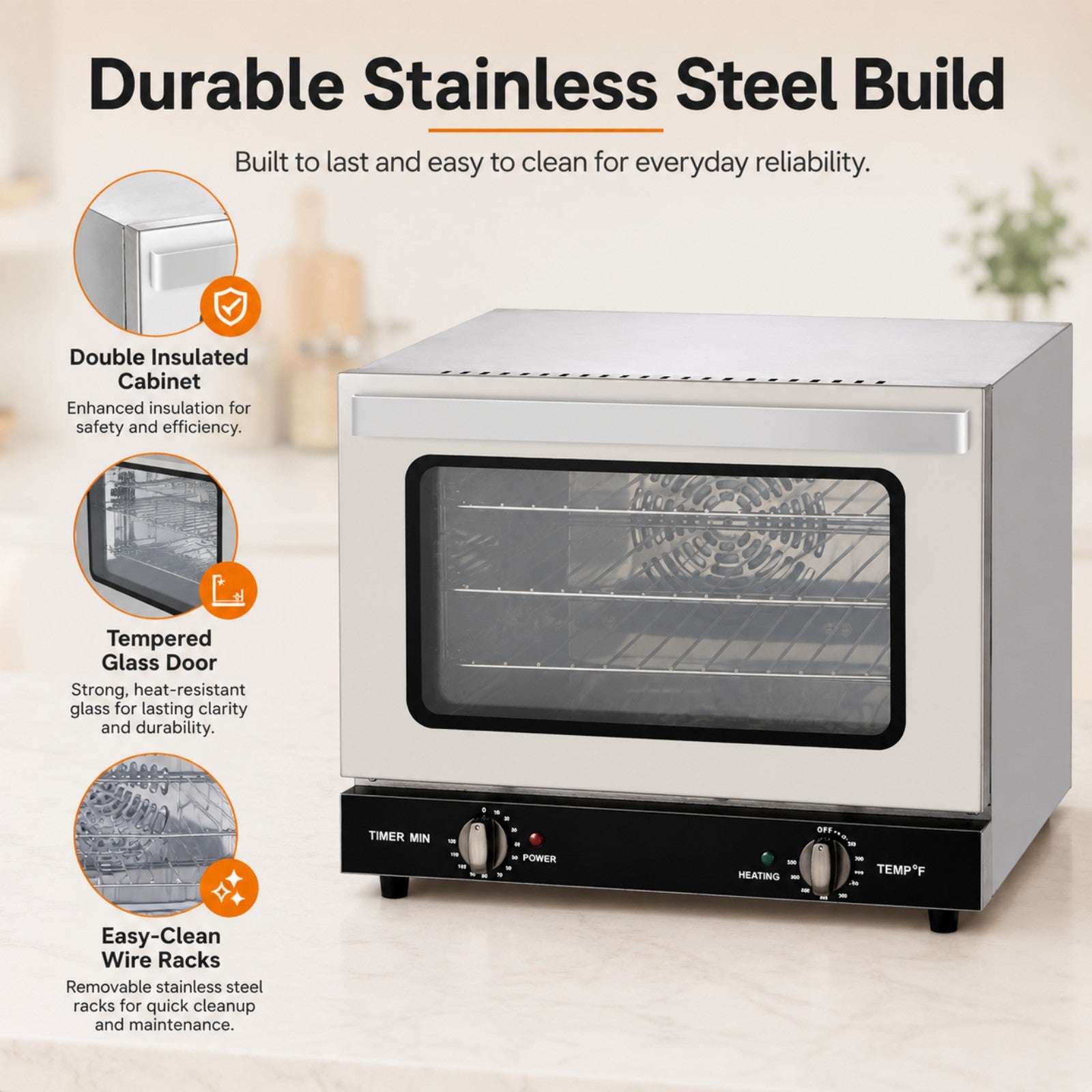 EasyRose 21L Commercial Countertop Convection Oven, 1440W, 3 Racks, Stainless Steel, 150–500°F - Image 4