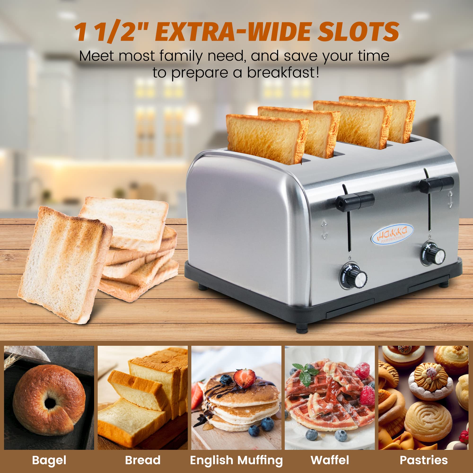 MorganGastro 4 Slice Commercial Toaster, 1800W Stainless Steel Bread Toaster with 6 Browning Settings, 1.5" Extra Wide Slots, Auto Pop-Up - Image 3