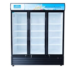 MorganGastro 53 Cu. Ft / 1500L Commercial Glass Door Merchandiser with 3 Self-Closing Doors, Lightbox, 15 Adjustable Shelves & LED Lighting