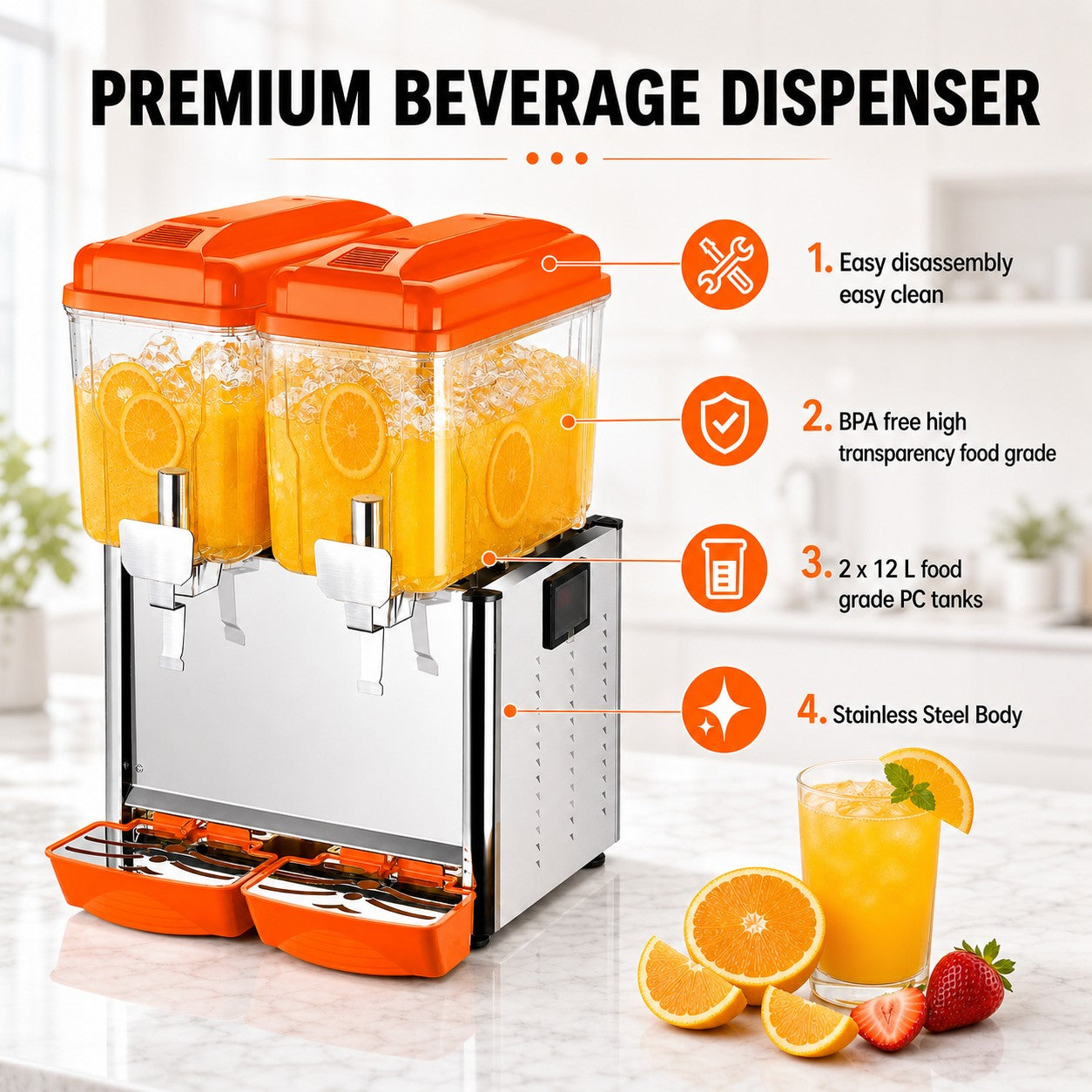 MorganGastro 2 x 12L Dual Bowl Refrigerated Beverage Dispenser, Commercial Juice Dispenser for Cold Drinks - Image 6