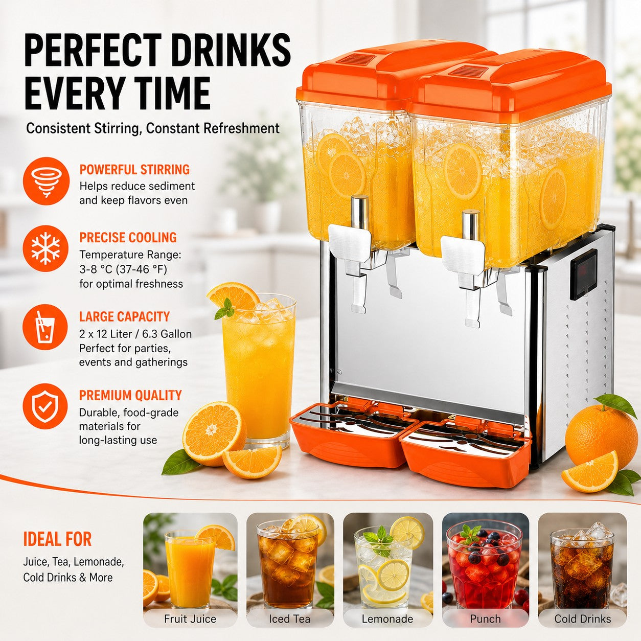 MorganGastro 2 x 12L Dual Bowl Refrigerated Beverage Dispenser, Commercial Juice Dispenser for Cold Drinks - Image 4