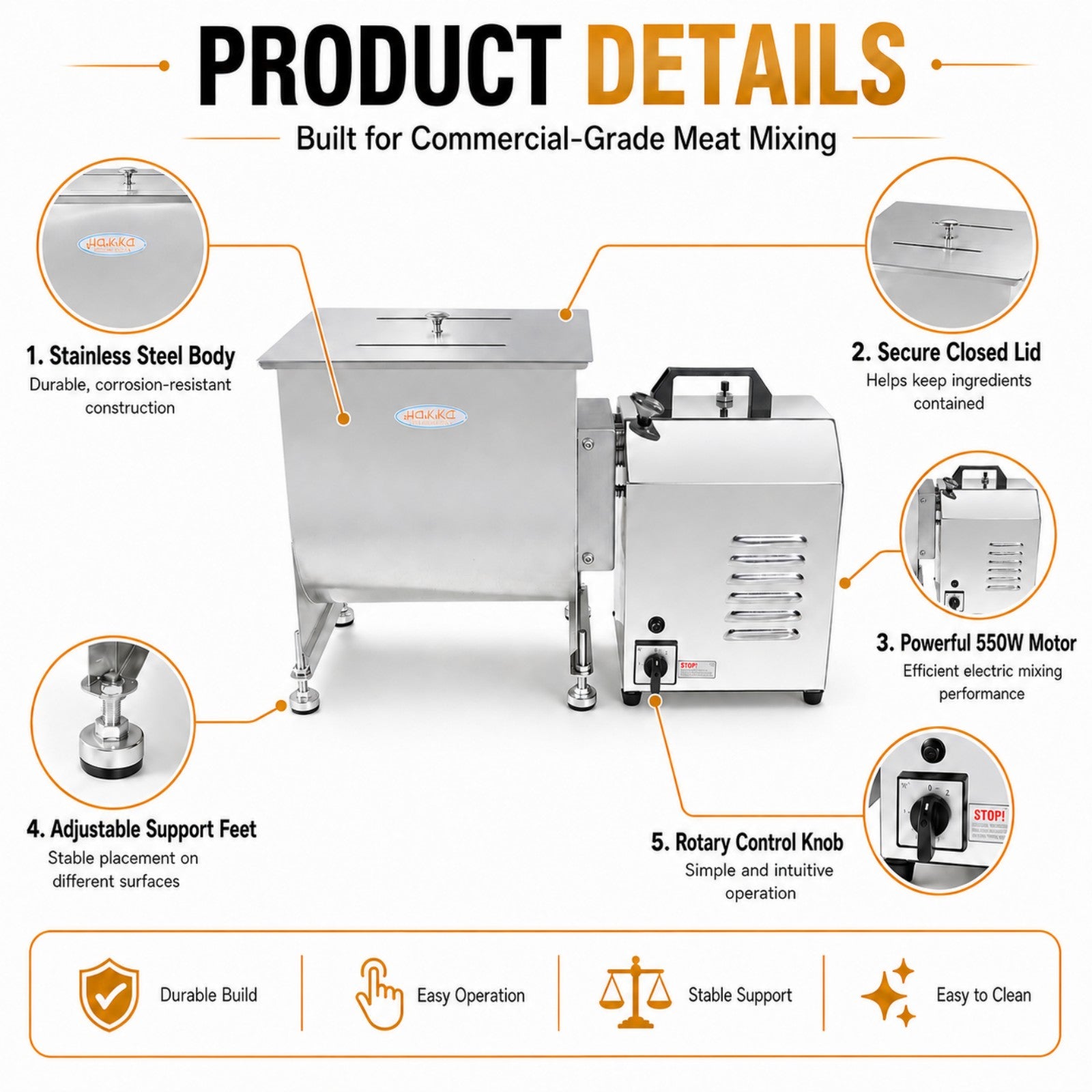 MorganGastro 22.5L/45 lbs Commercial Electric Meat Mixer with Motor, Stainless Steel Mixing Machine - Image 4