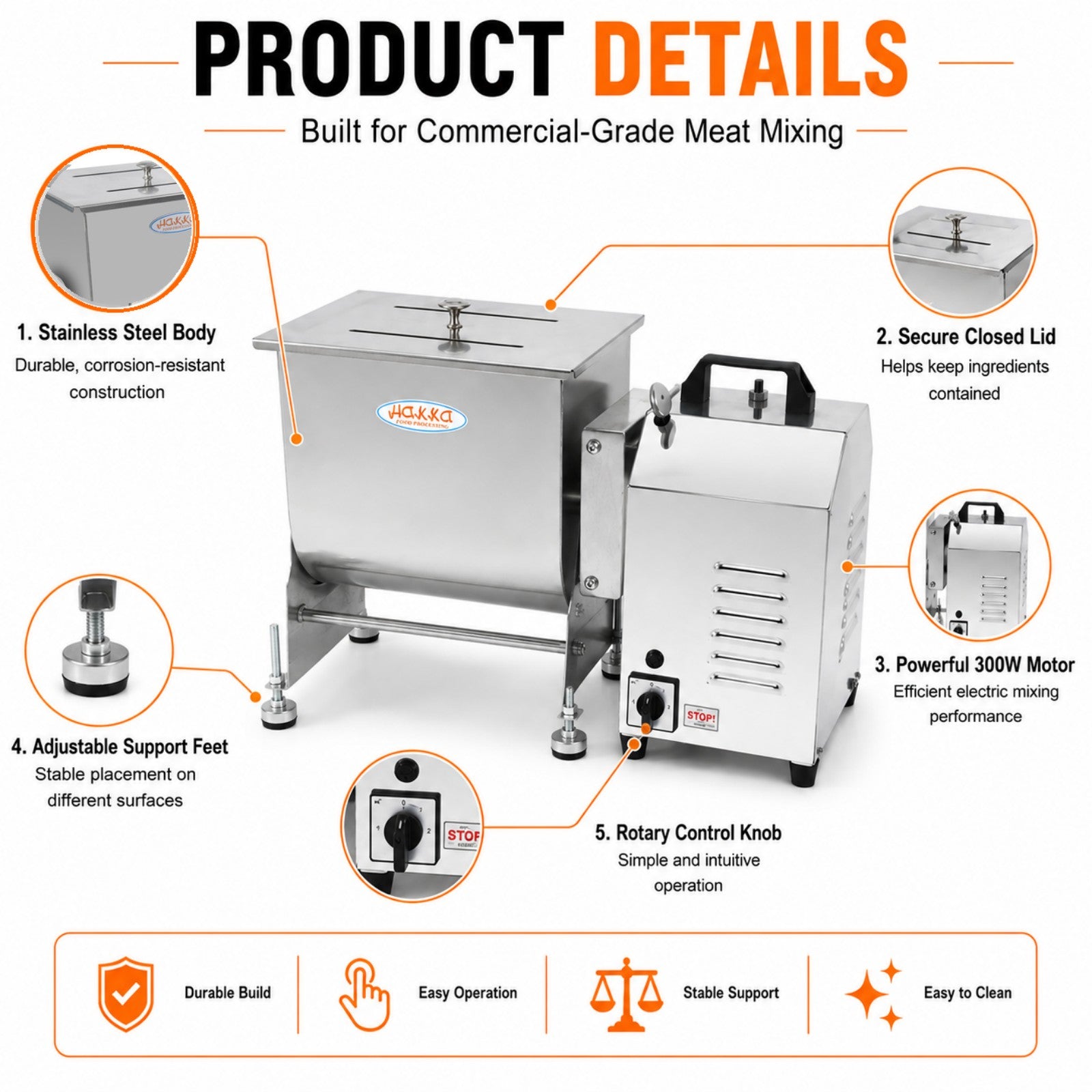 MorganGastro 15L/30lb Tilt Tank Electric Meat Mixer with 300W Motor, Stainless Steel Commercial Meat Mixer - Image 4