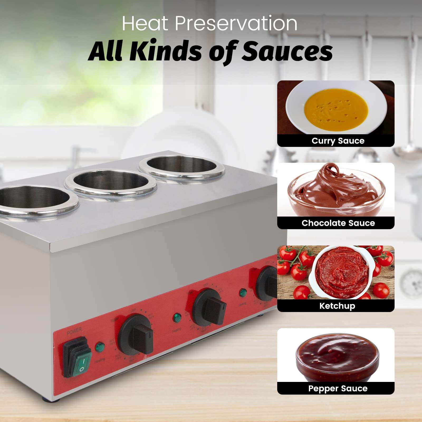 EasyRose 3 Grid Commercial Sauce & Cheese Warmer, Dual-Well Electric Squeeze Bottle Warmer, Stainless Steel, 105–195°F - Image 4