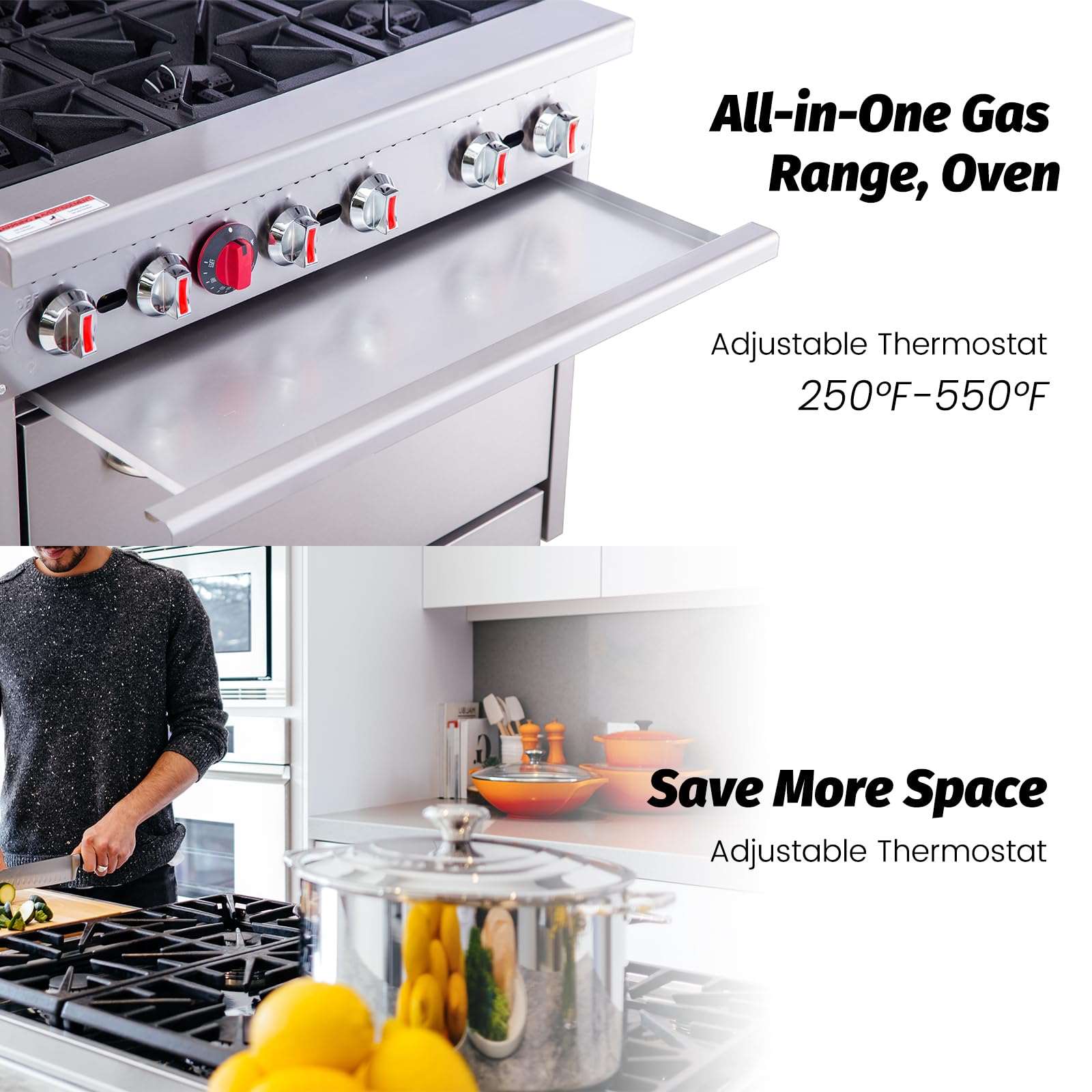 EasyRose 36 Inch Gas Range 6 Burner Heavy Duty Ranges With Oven, Commercial Range for Kitchen Restaurant - 210,000 BTU, ETL Certified - Image 4