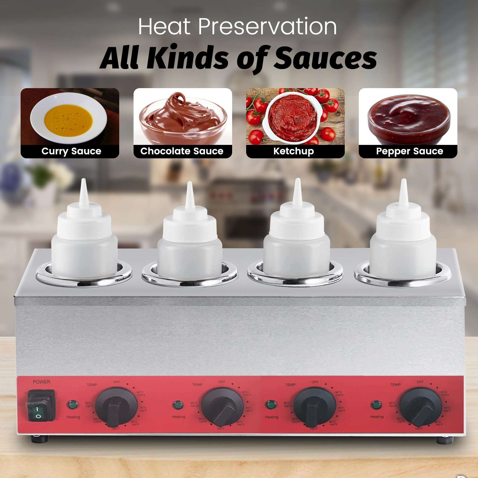 EASYROSE Electric Sauce Warmer Squeeze Bottle Warmer Nacho Cheese Dispenser Warmer, Jam Chocolate Butter Preservation Machine 105-195℉,110V (4 Grids), FZ-024B - Image 4