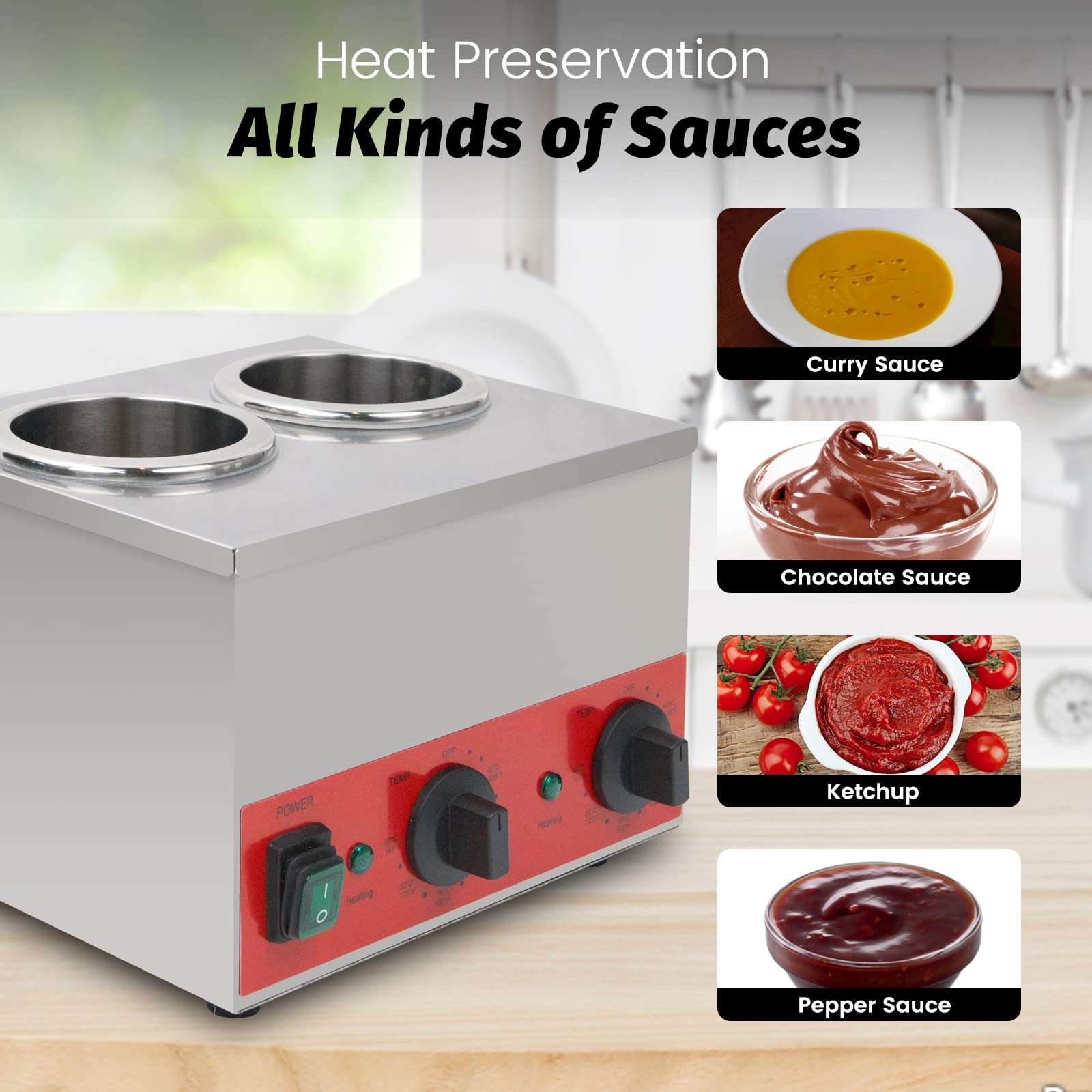 EasyRose 2 Grid Commercial Sauce & Cheese Warmer, Dual-Well Electric Squeeze Bottle Warmer, Stainless Steel, 105–195°F - Image 4