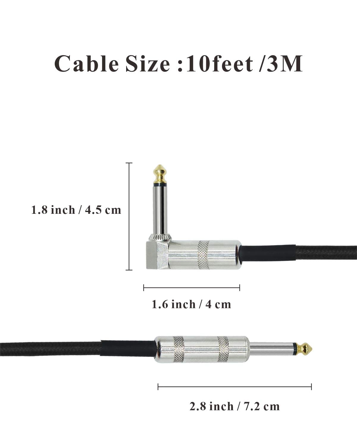 10feet Professional Guitar Instrument Cable, Guitar Cable Right Angle1/4 Inch TS to Straight 1/4 Inch TS for Electric Guitar, Bass, Keyboard, Pro Audio - Image 2