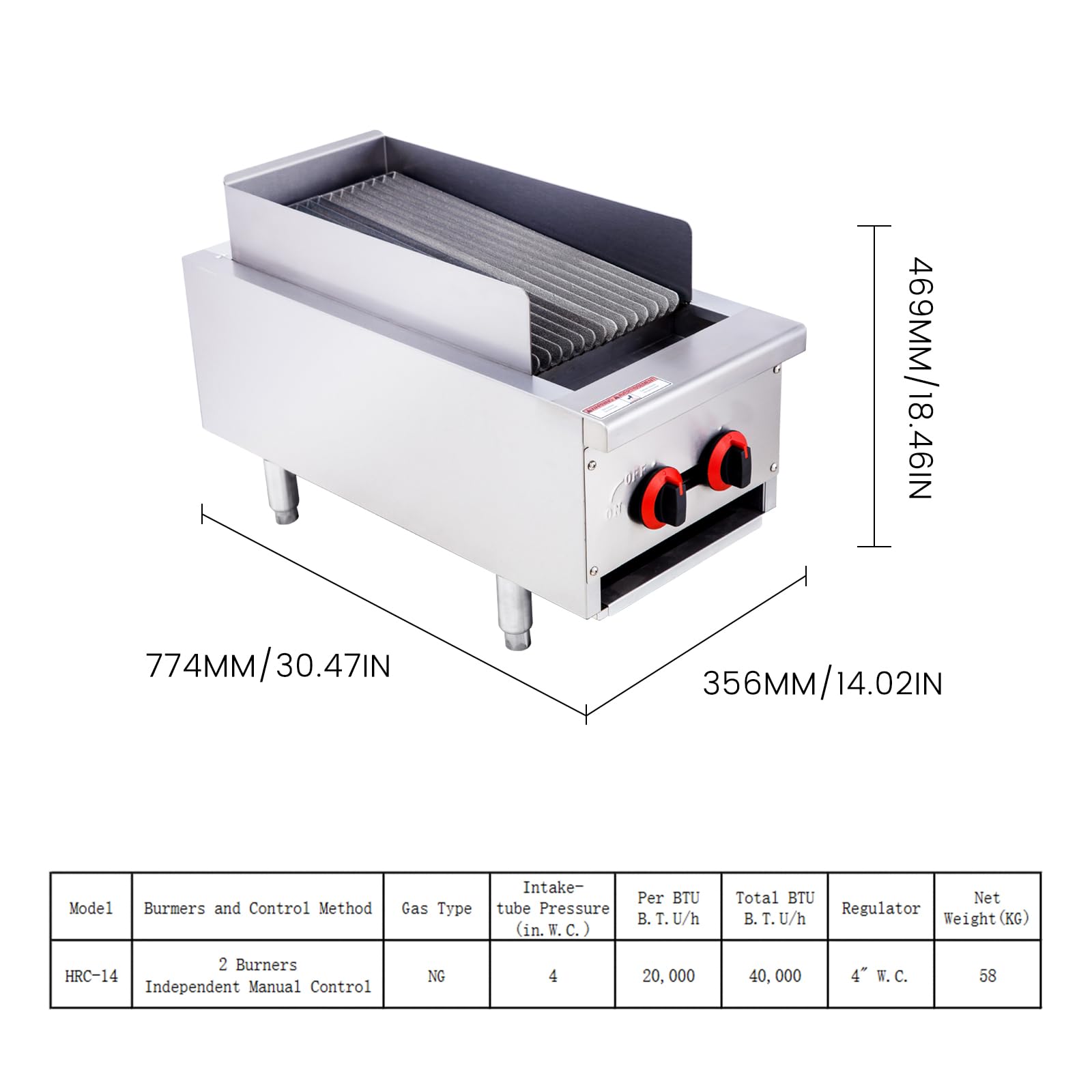 EASYROSE 14" Radiant Gas Charbroiler Commercial Gas Grill Heavy Duty Countertop Broiler Grill with 2 Burners BTU 40,000, ETL Certified - Image 2