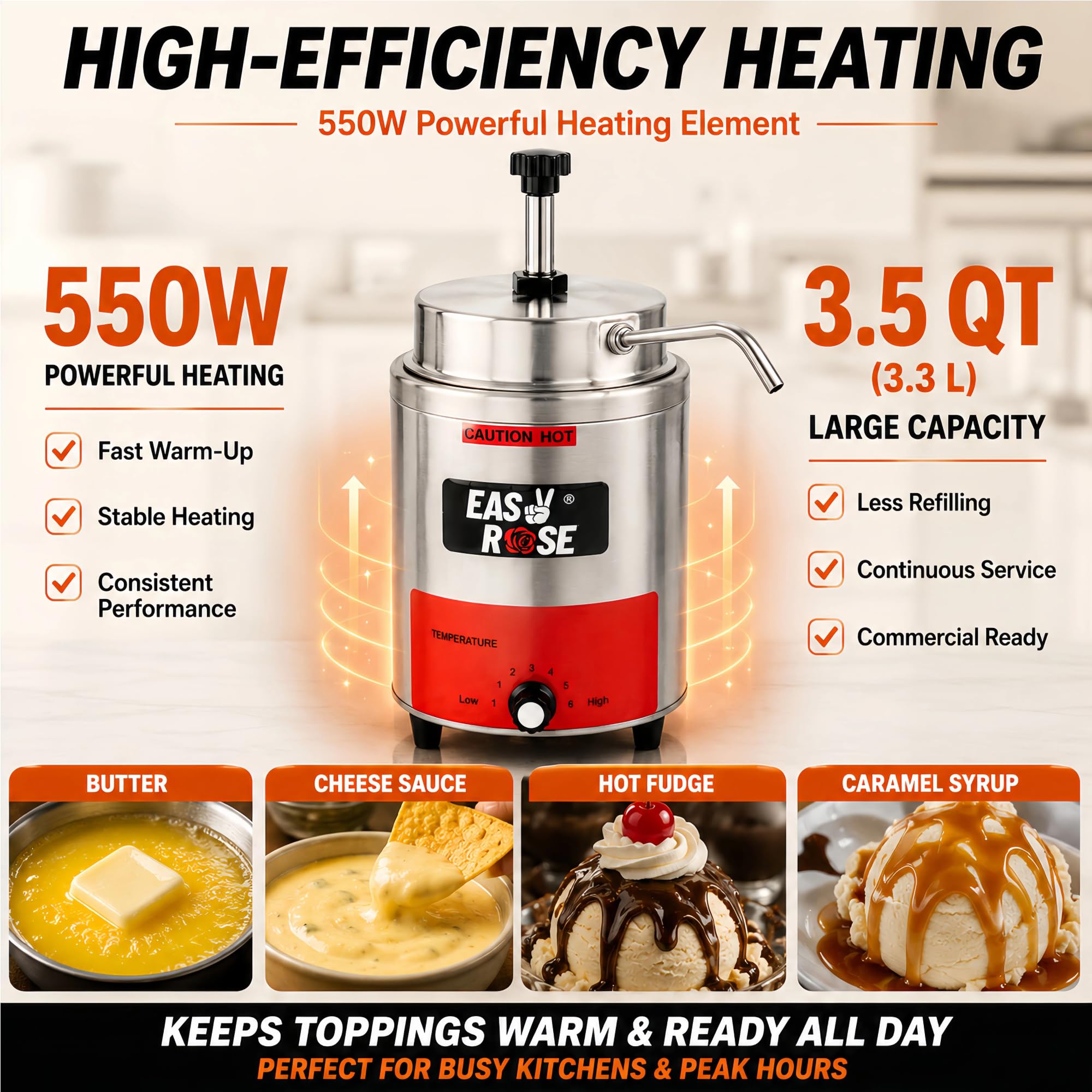 EasyRose 3.5 Qt Nacho Cheese Dispenser Warmer, 550W Electric Sauce Warmer with Pump - Image 3
