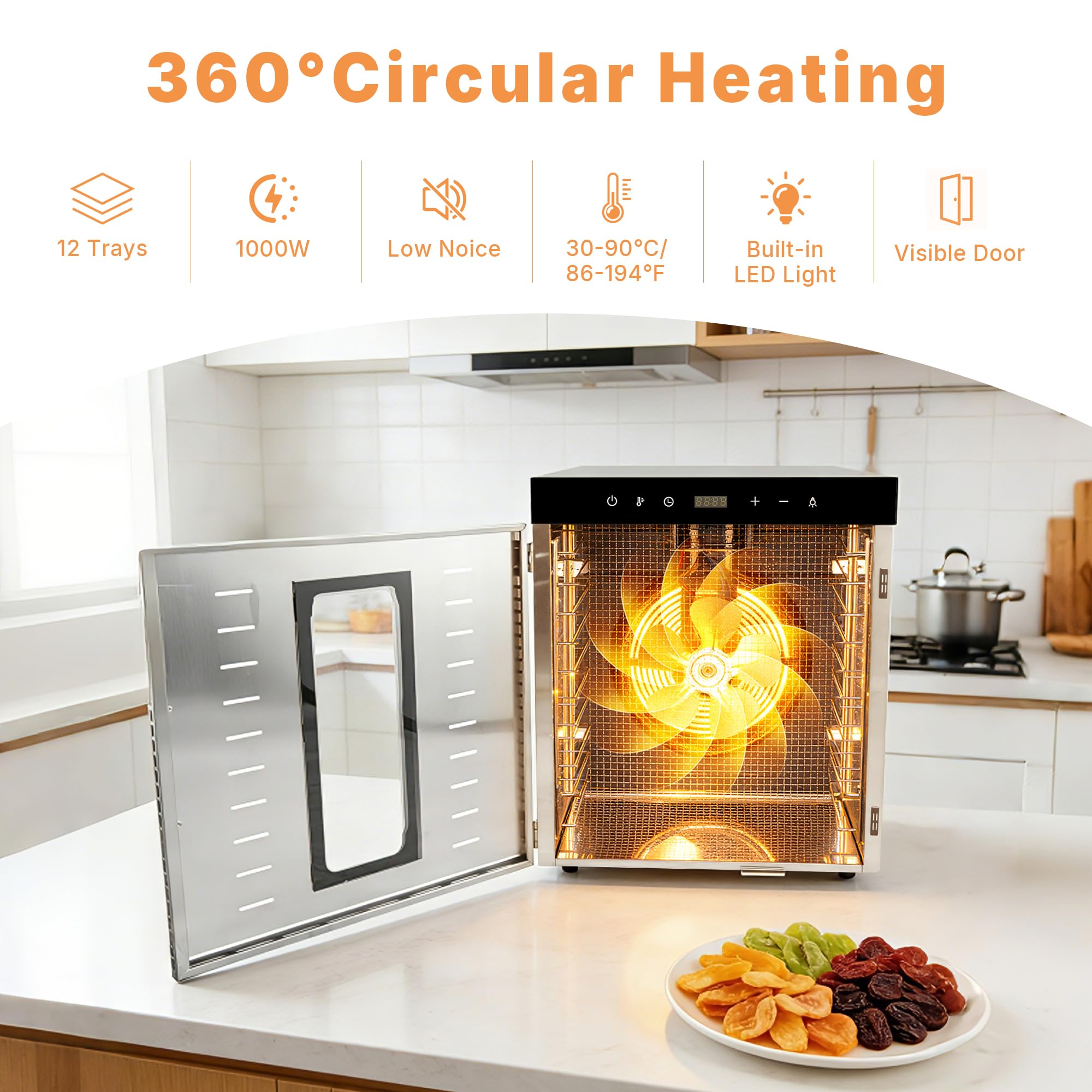 MorganGastro Commercial 12 Tray Food Dehydrator Electric Meat Fruit Jerky Dryer Machine, 1500W - Image 3