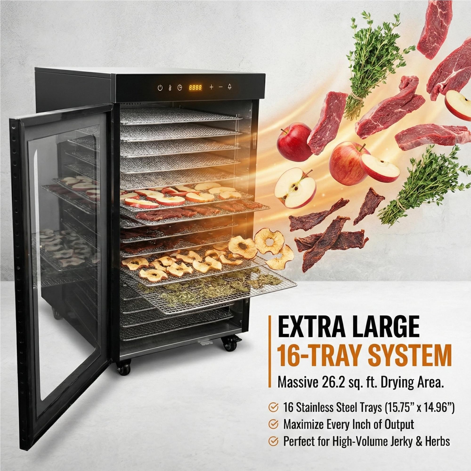 Morgangastro 16-Tray Food Dehydrator, 1450W, 86°F-194°F, 24H Timer, for Jerky, Fruits, Meat & Herbs - Image 2