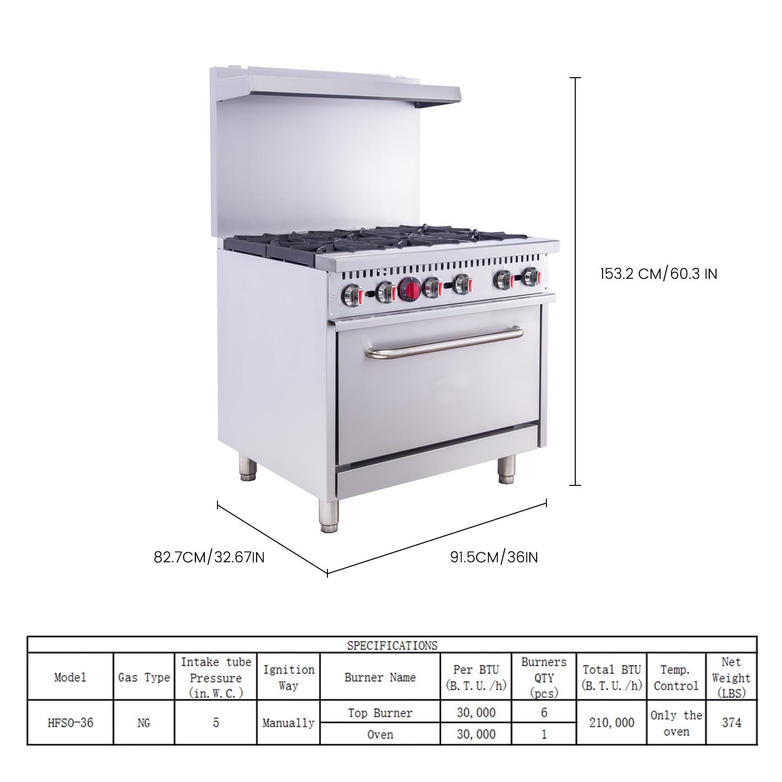 EasyRose 36 Inch Gas Range 6 Burner Heavy Duty Ranges With Oven, Commercial Range for Kitchen Restaurant - 210,000 BTU, ETL Certified - Image 2