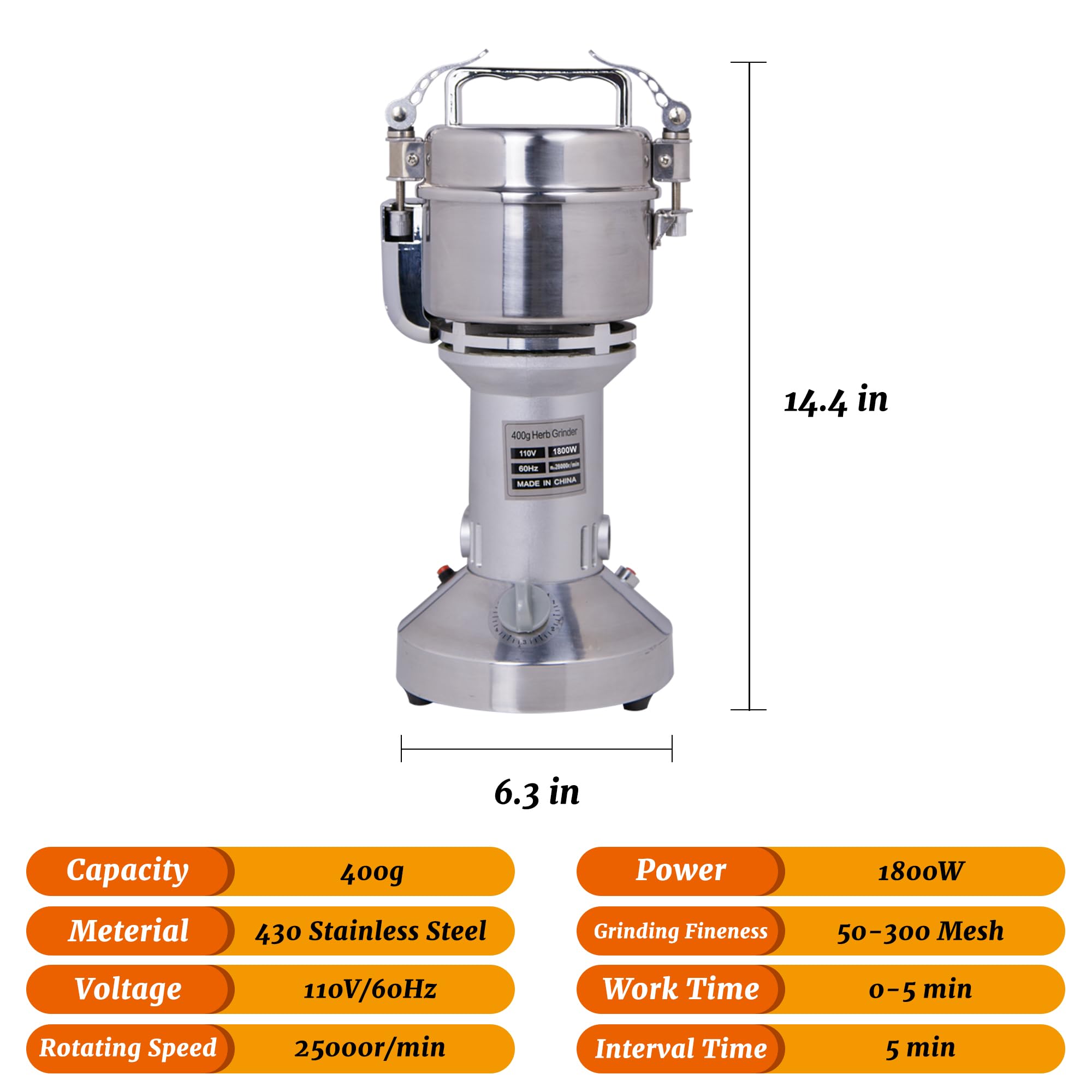 MorganGastro Grain Mill 400g High Speed Food Electric Stainless Steel Powder MillSeeds Flour Nut Pill Wheat Corn Herbs Spices Powder Machine,1800W - Image 2